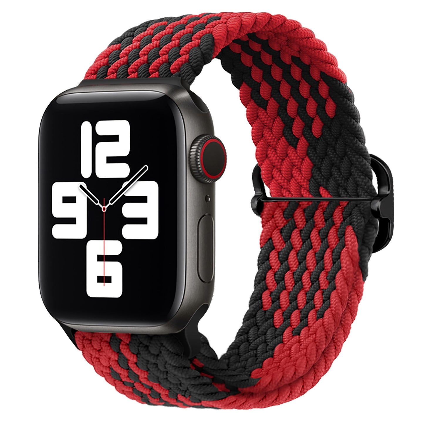 Das geflochtene Flex Loop TwoTone Armband von arktisband für die Apple Watch verfügt über ein schwarz-rotes geflochtenes Band mit einem eleganten Edelstahlverschluss, gepaart mit einer Smartwatch mit kräftigen weißen Zahlen und analogen Zeigern auf einem rechteckigen schwarzen Zifferblatt.