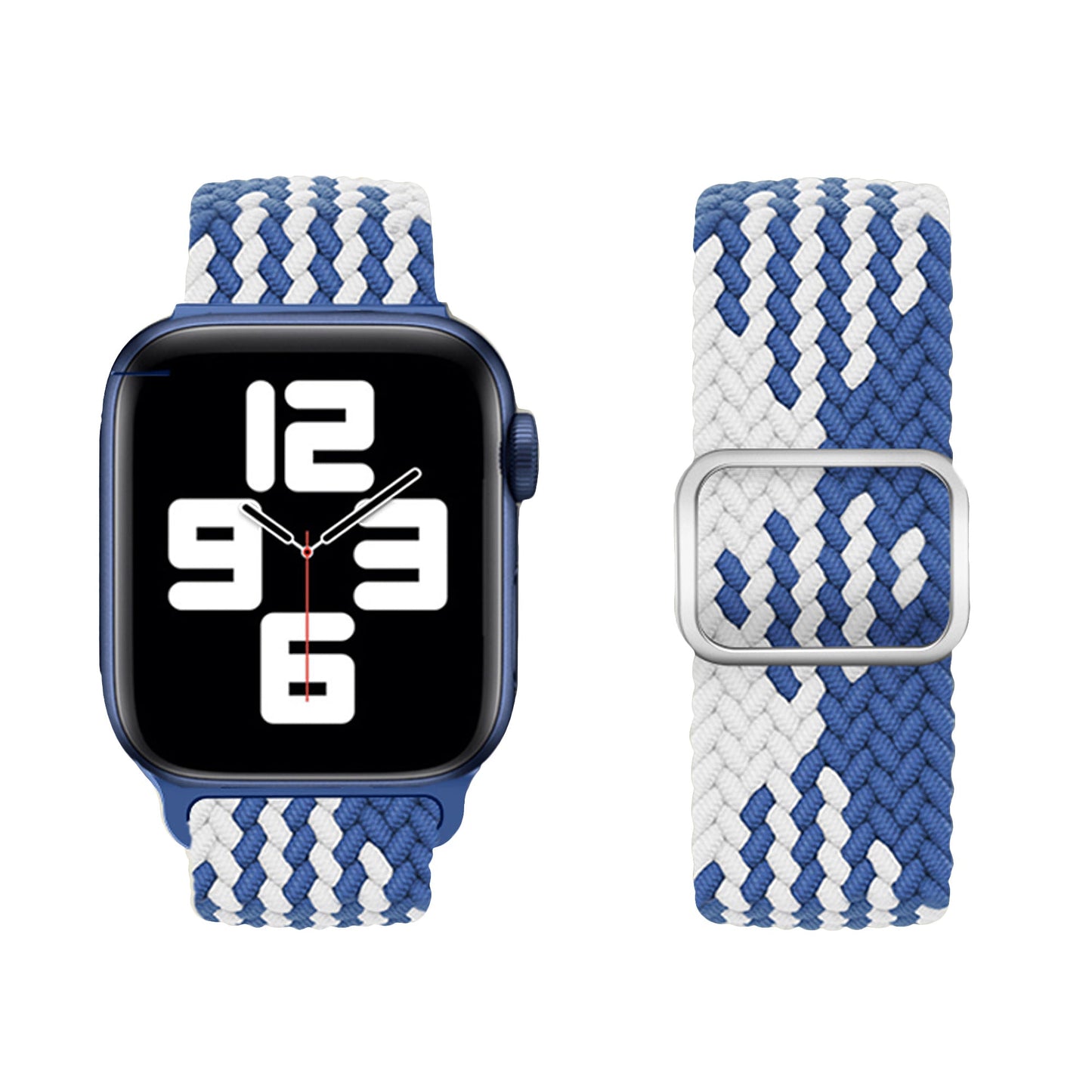 Eine Smartwatch mit großem, weißem Digitaldisplay (9:36) verfügt über ein blaues Gehäuse und das geflochtene Flex Loop TwoTone Armband in Blau/Weiß mit Edelstahlverschluss von Arktisband Apple Watch, das separat gezeigt wird, um sein geflochtenes Design und seine Schnalle hervorzuheben.