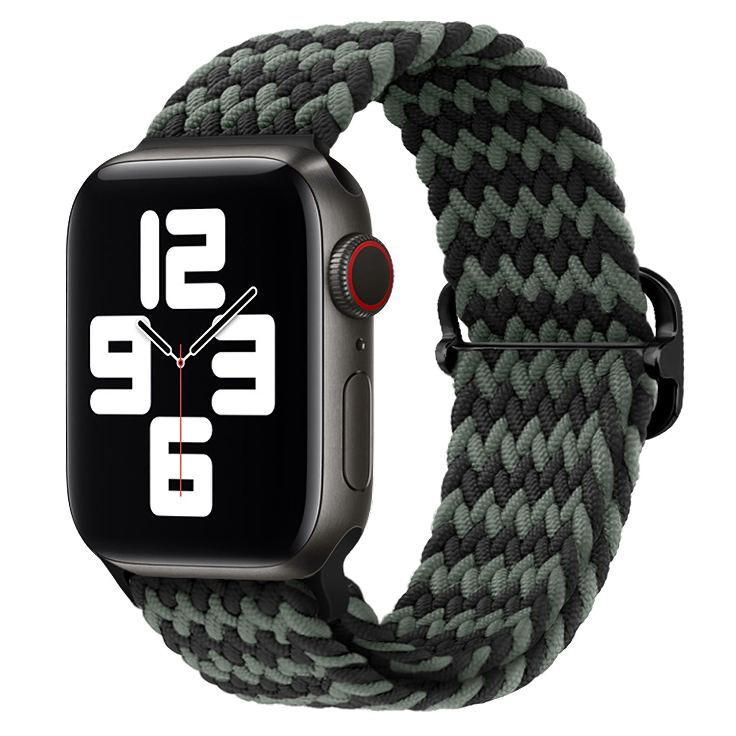 Das geflochtene Flex Loop TwoTone Armband von Arktisband für die Apple Watch verfügt über ein schwarz-grünes Nylonarmband mit Edelstahlverschluss, gepaart mit einer Smartwatch in einem schwarzen Gehäuse mit großen weißen Ziffern.