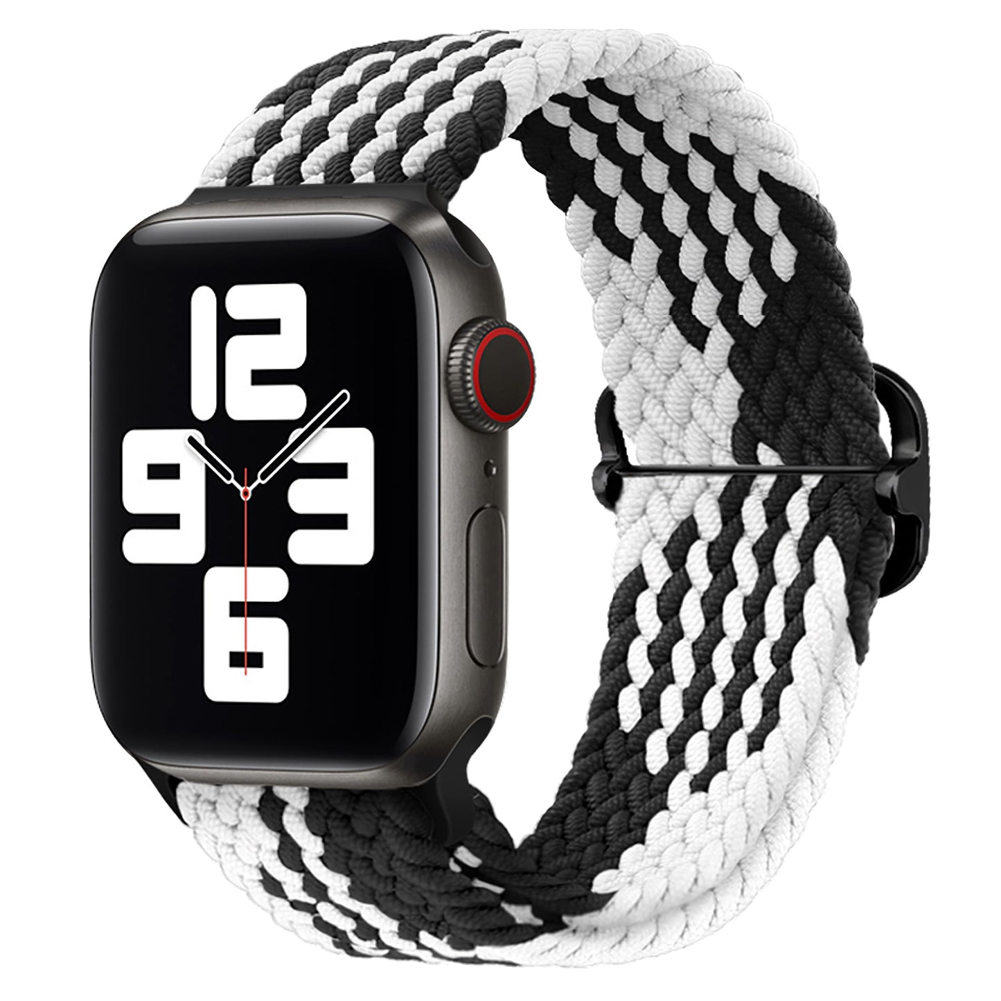 Das geflochtene Flex Loop TwoTone Armband von arktisband für die Apple Watch von arktisband wird auf einer Smartwatch mit großem 9:23-Digitaldisplay, schwarz-weißem geflochtenem Armband, Edelstahlverschluss, schwarzem Gehäuse und rot akzentuierter Krone angezeigt.