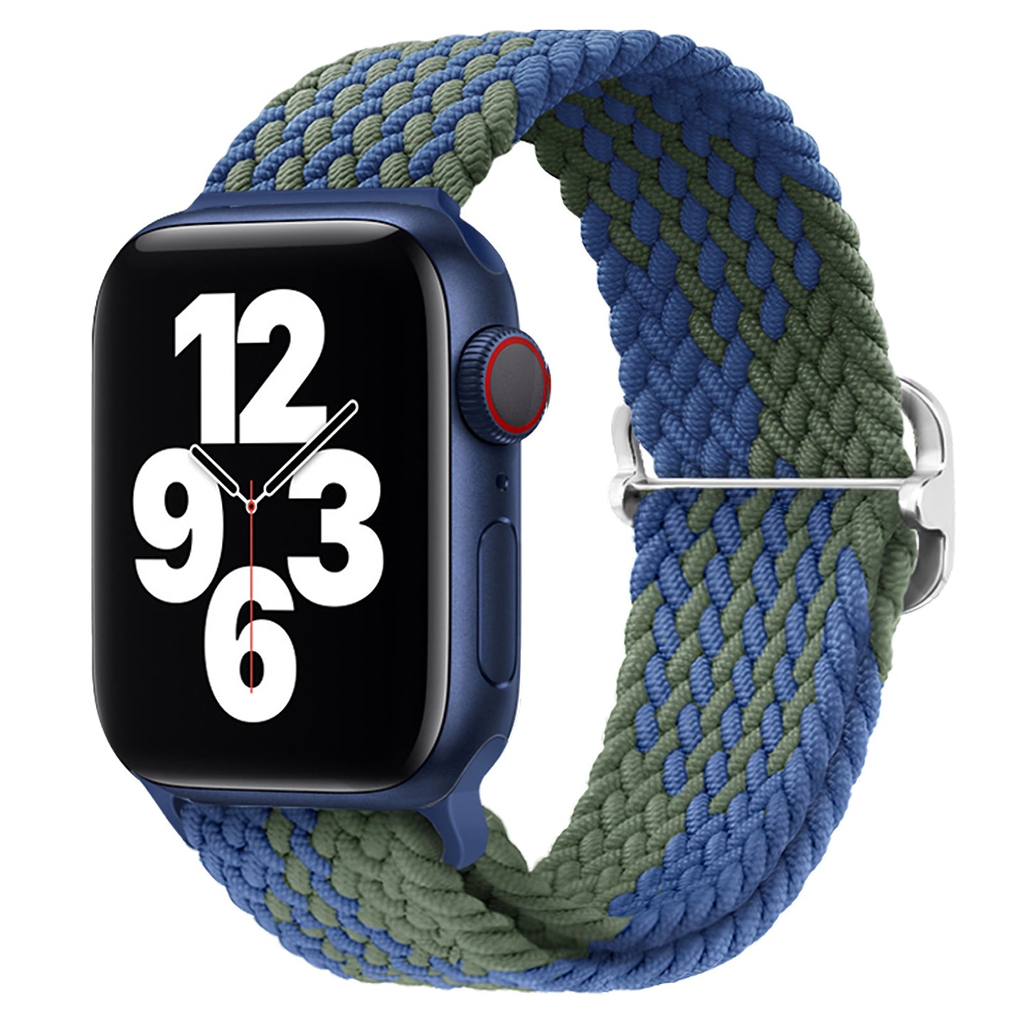 Die arktisband Apple Watch zeigt 12:09:36 in großen weißen Ziffern an, gepaart mit einem dunkelblauen Gehäuse und einem geflochtenen Flex Loop TwoTone Armband von arktisband in Blau- und Grüntönen mit einem eleganten Edelstahlverschluss.