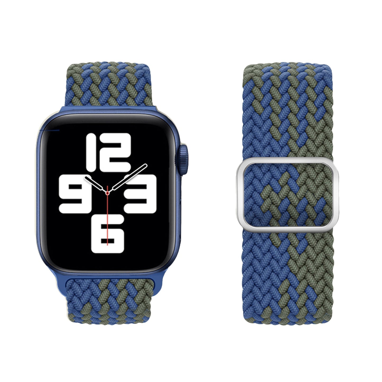 Das geflochtene Flex Loop TwoTone Armband von arktisband für die Apple Watch wird in Blau und Olivgrün mit einem Edelstahlverschluss gezeigt, beide sind an einer Uhr befestigt, die große weiße Zahlen auf einem schwarzen Bildschirm anzeigt, und separat.