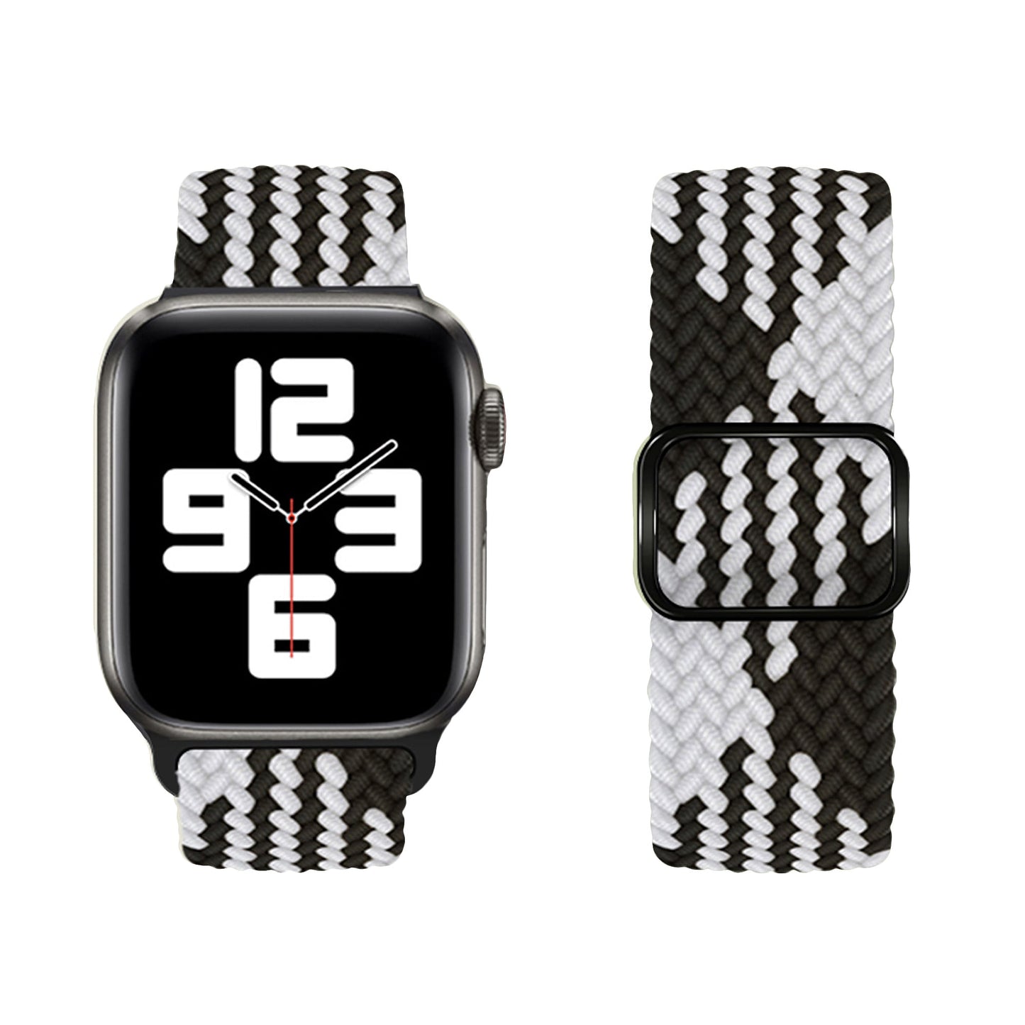 Abgebildet ist das geflochtene Flex Loop TwoTone Armband der Apple Watch in Schwarz und Weiß mit Edelstahlverschluss. Das Zifferblatt zeigt große, auffällige weiße Ziffern auf Schwarz, das Armband ist separat rechts abgebildet.