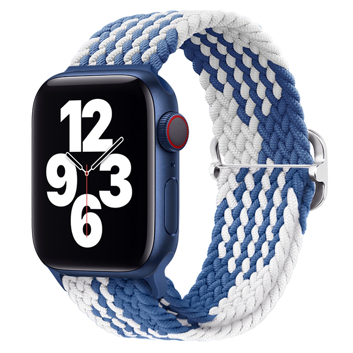 Das arktisband Apple Watch geflochtenes Flex Loop TwoTone Armband von arktisband kombiniert eine dunkelblaue Uhr mit modernem Display und ein blau-weiß geflochtenes Band mit schickem Edelstahlverschluss.