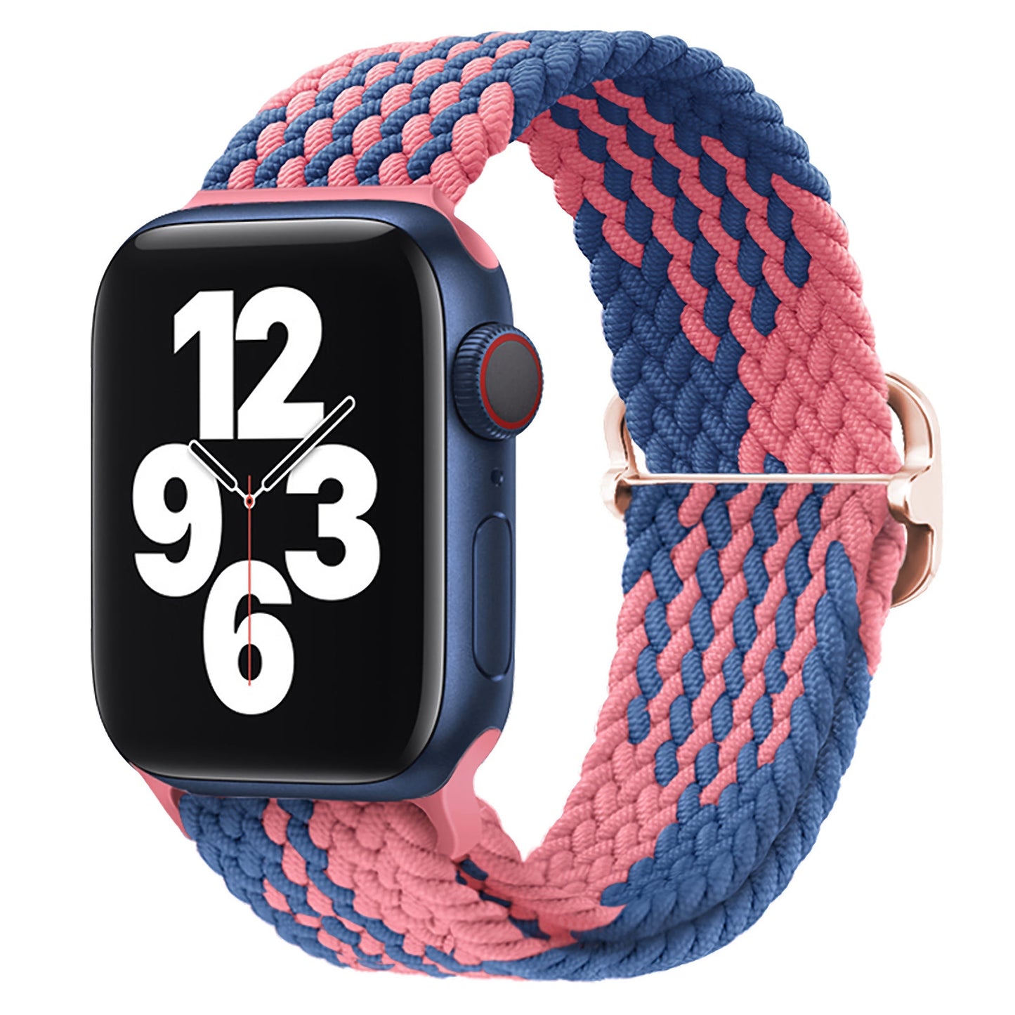 Das geflochtene Flex Loop TwoTone Armband von Arktisband für die Apple Watch verfügt über ein rosa und blaues geflochtenes Band mit Edelstahlverschluss, dunkelblauem Gehäuse und großem digitalen Zifferblatt – kompatibel als Armband für die Apple Watch.