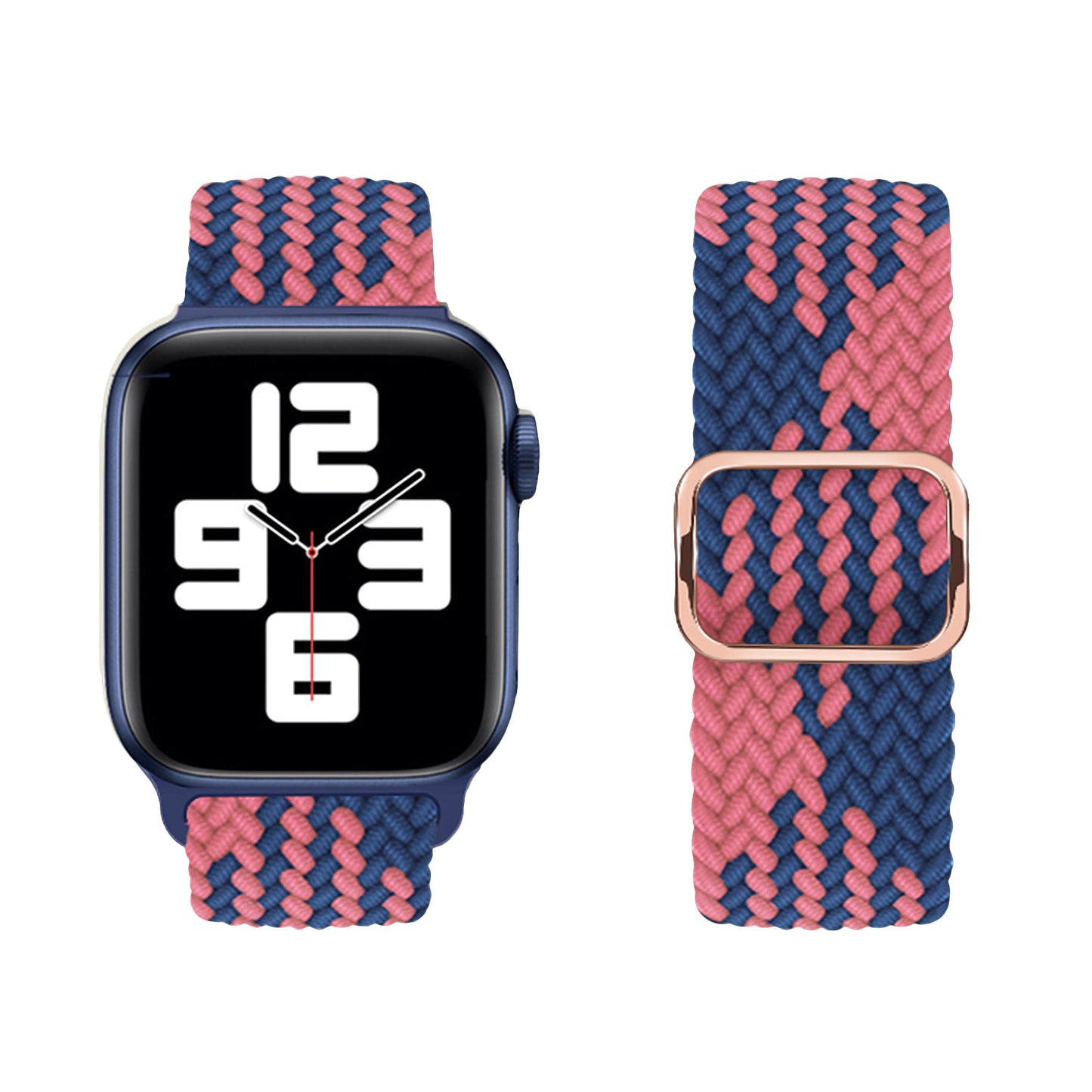 Das geflochtene Flex Loop TwoTone Armband von arktisband für die Apple Watch, abgebildet in Blau und Pink mit Edelstahlverschluss, wird neben einer Smartwatch mit Digitalanzeige und fettgedruckten weißen Zahlen angezeigt.