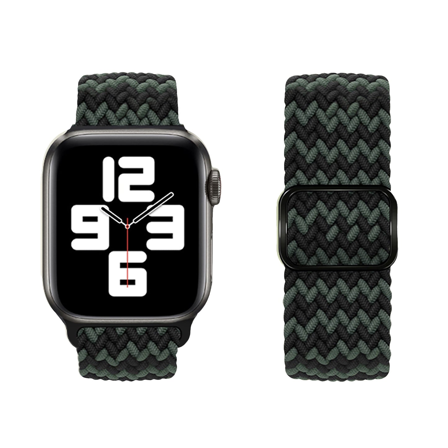 Eine Smartwatch mit dunklem Metallgehäuse und dem geflochtenen Flex Loop TwoTone Armband in Schwarz-Grün. Das Ziffernblatt zeigt große weiße Ziffern auf schwarzem Grund. Das separate Armband verfügt über einen eleganten Edelstahlverschluss.