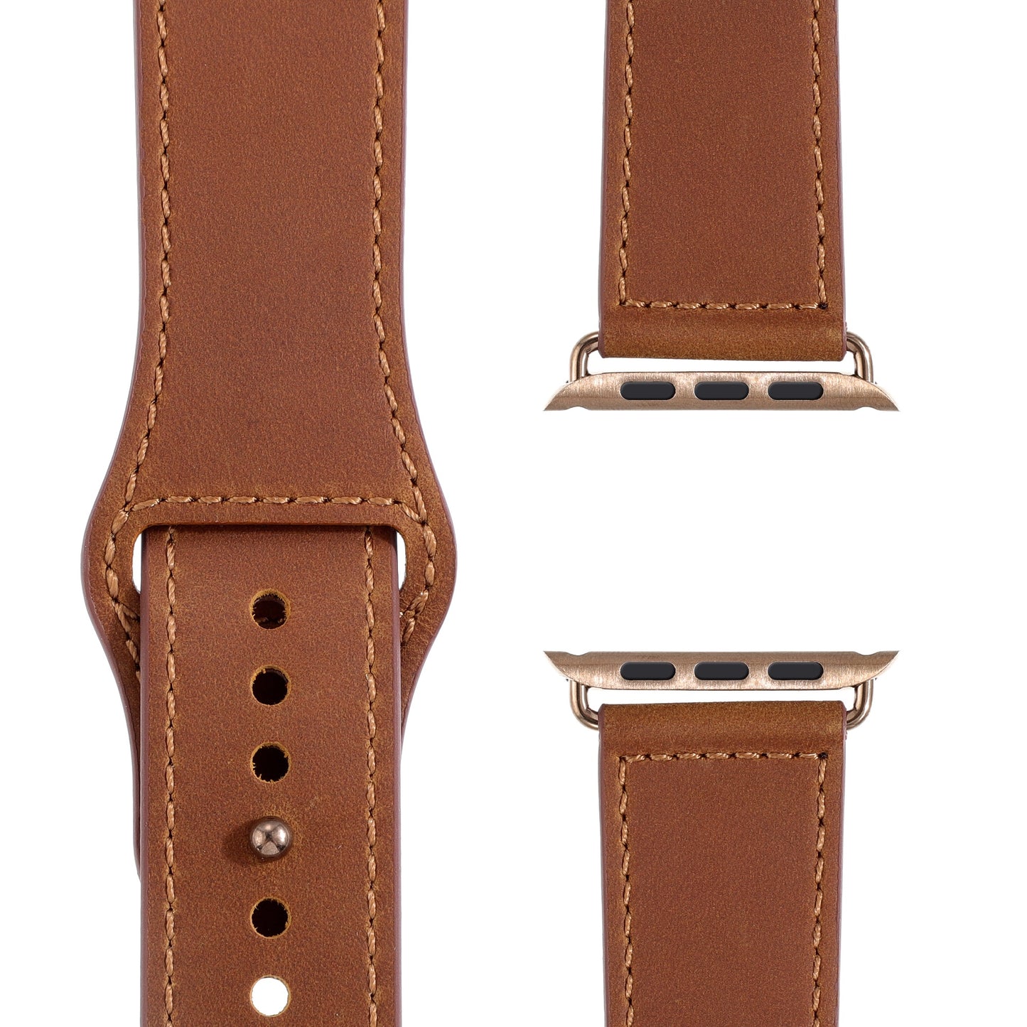 Nahaufnahme des arktisband Apple Watch Lederarmbands "Novus": ein braunes Lederarmband mit sichtbaren Nähten, Metallverschluss und Verbindungsenden. Sein minimalistisches Design sorgt für maximalen Tragekomfort. Hier in zwei Teilen dargestellt, um Schnalle und Befestigung zu verdeutlichen.