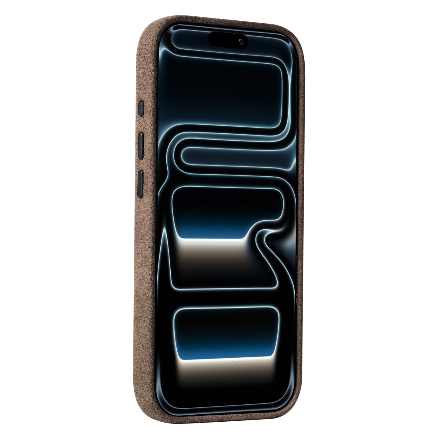 Arktis iPhone 17 Pro Hülle aus Alcantara von arktis, made in Italy, in braun, dargestellt auf weißem Hintergrund mit einem Smartphone, das einen leuchtenden abstrakten Bildschirm zeigt.