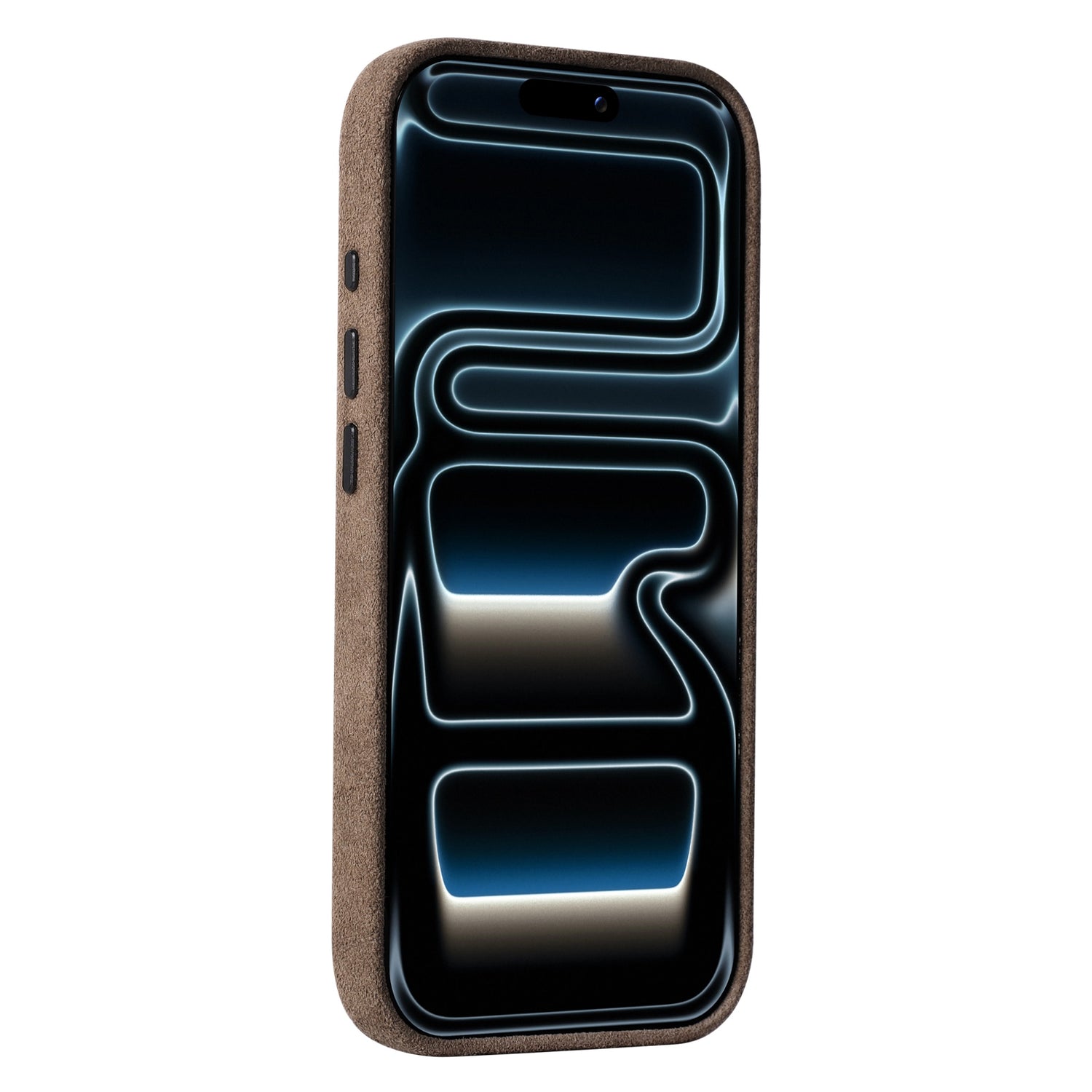 Arktis iPhone 17 Pro Hülle aus Alcantara von arktis, made in Italy, in braun, dargestellt auf weißem Hintergrund mit einem Smartphone, das einen leuchtenden abstrakten Bildschirm zeigt.