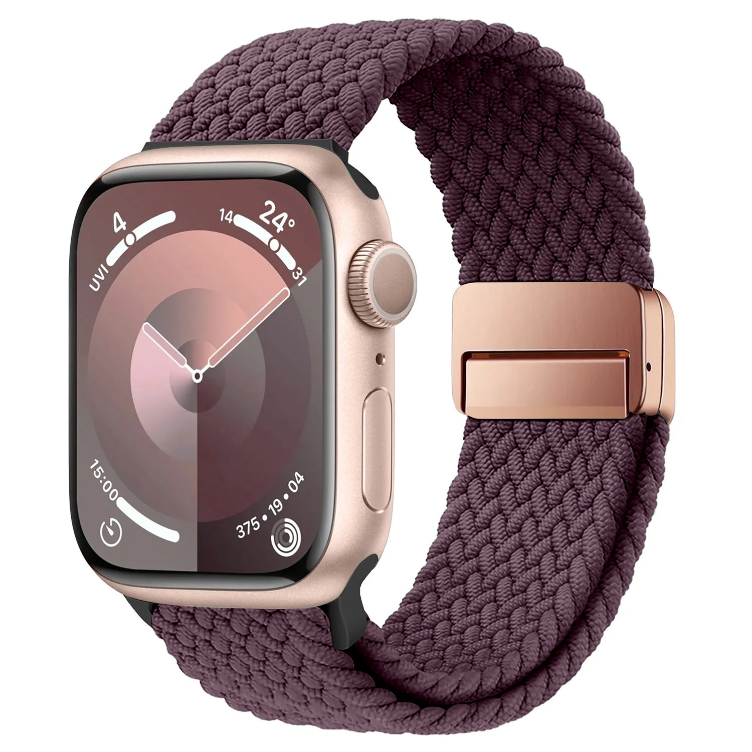 Apple Watch mit einem Gehäuse aus Roségold und dem arktisband Geflochtenen Apple Watch Armband „Casual“ von arktisband in Lila, mit Magnetverschluss und digitalem Zifferblatt.