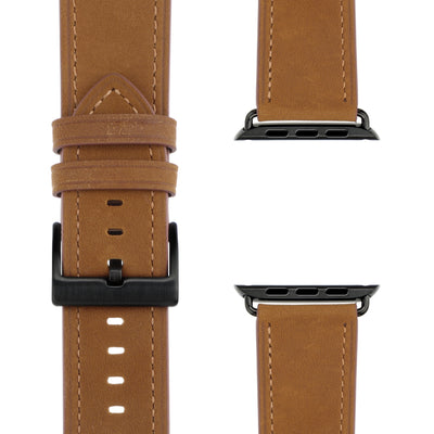 Braunes Lederuhrenarmband mit schwarzer Schnalle und schwarzen Verbindungsstücken, von vorne und von der Seite gezeigt.