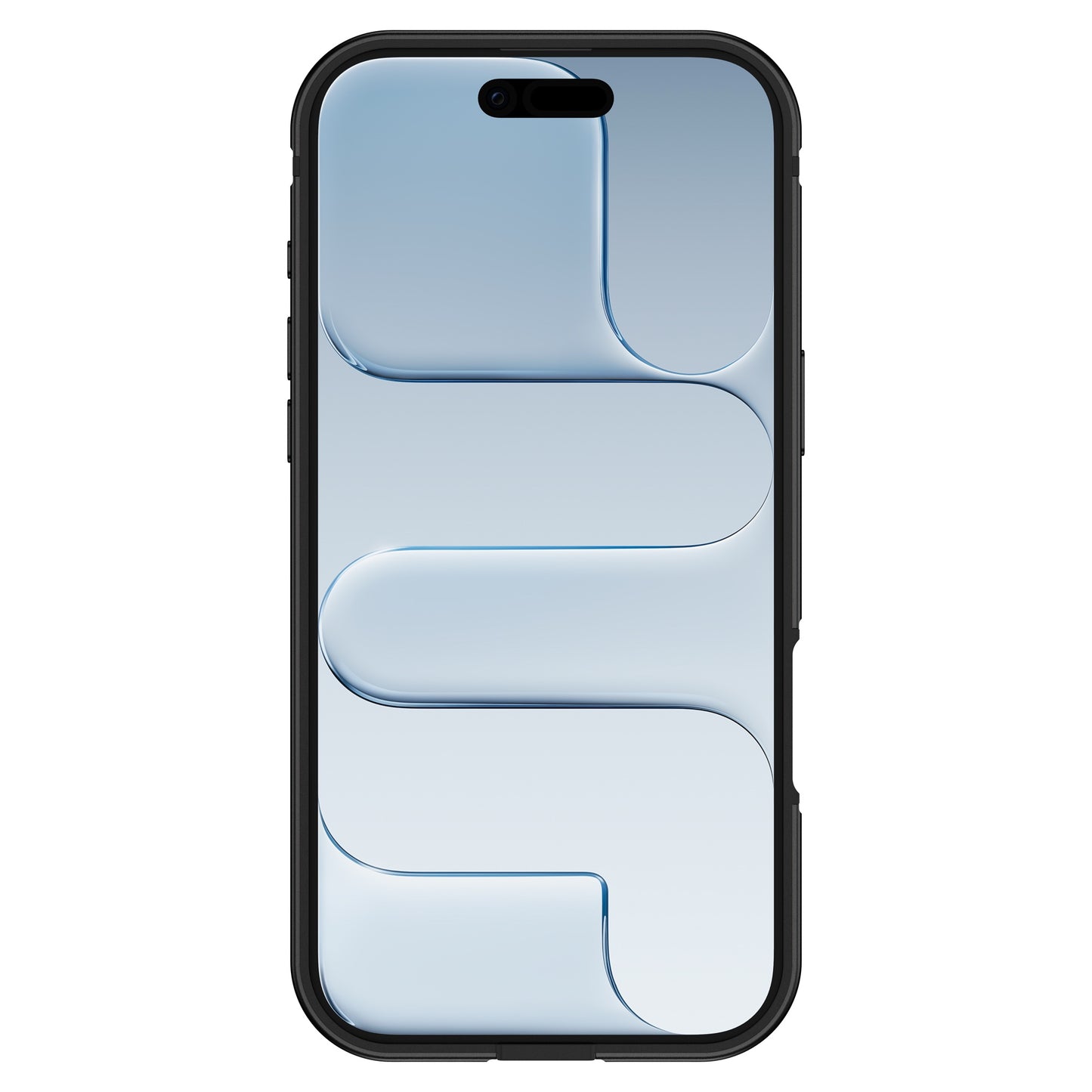 Der arktis iPhone Air Bumper von arktis, abgebildet auf einem schwarzen Smartphone mit hellblauem, abstraktem, geometrischem Design auf dem Bildschirm, bietet ultraleichten Schutz in einem robusten und schlanken Aluminium TPU Case.