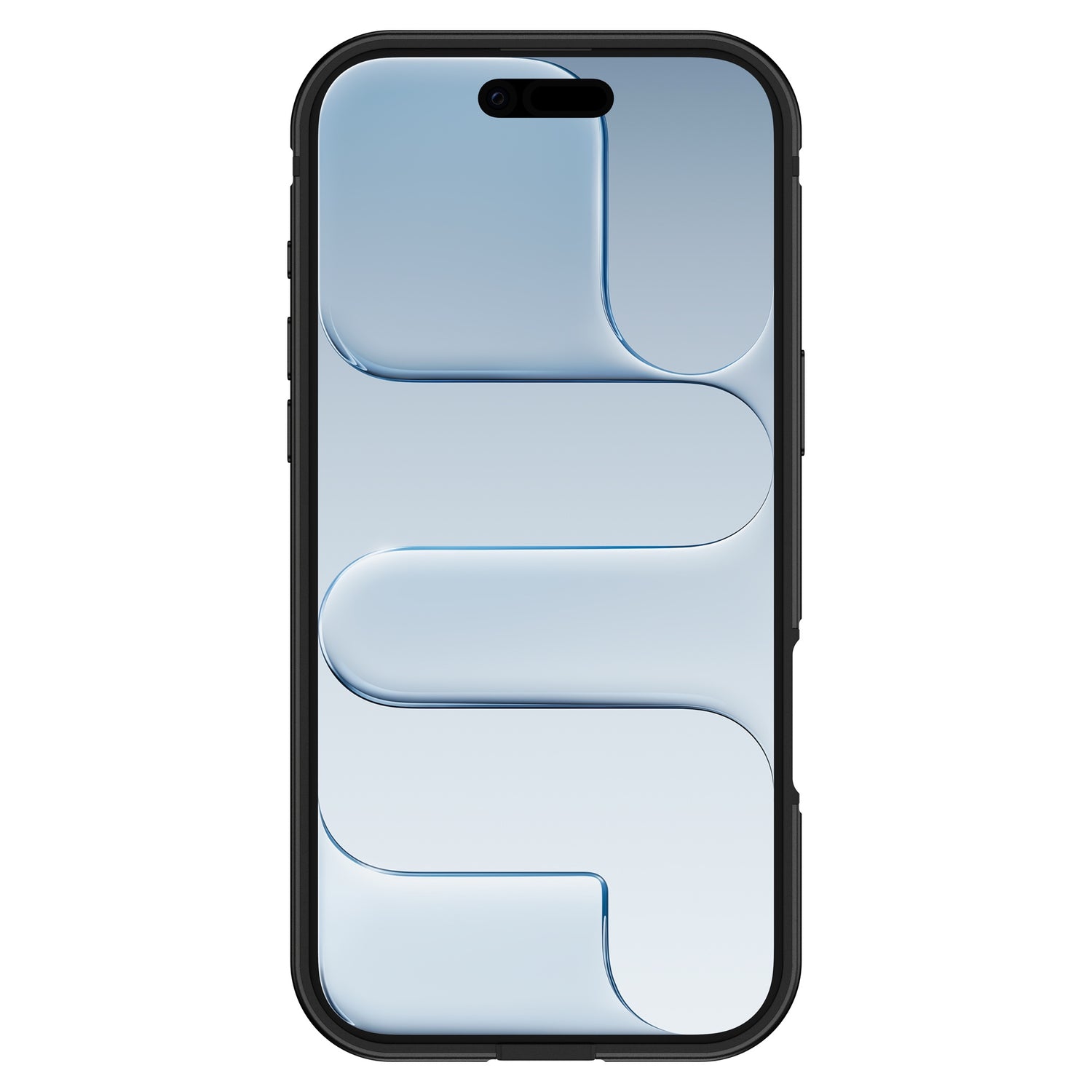 Der arktis iPhone Air Bumper von arktis, abgebildet auf einem schwarzen Smartphone mit hellblauem, abstraktem, geometrischem Design auf dem Bildschirm, bietet ultraleichten Schutz in einem robusten und schlanken Aluminium TPU Case.