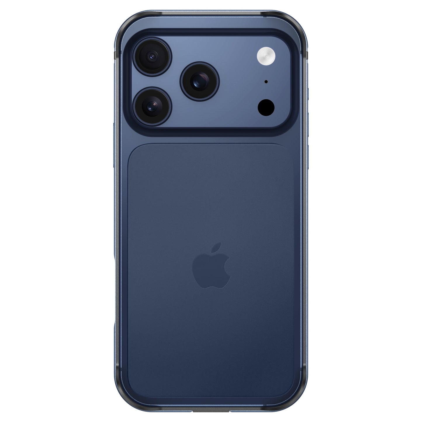 Ein blaues iPhone 17 Pro mit drei Kameras und einem Apple-Logo wird von der Rückseite auf weißem Hintergrund dargestellt, elegant geschützt durch den arktis iPhone 17 Pro Bumper - eine Aluminium TPU-Silikonhülle mit Unterstützung für kabelloses Laden.