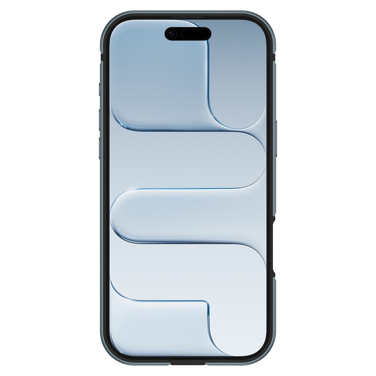 Der arktis iPhone Air Bumper von arktis ist auf einem modernen Smartphone mit einem blauen abstrakten Muster abgebildet, von vorne betrachtet. Diese Aluminium TPU Schutzhülle unterstützt kabelloses Laden für müheloses Aufladen.
