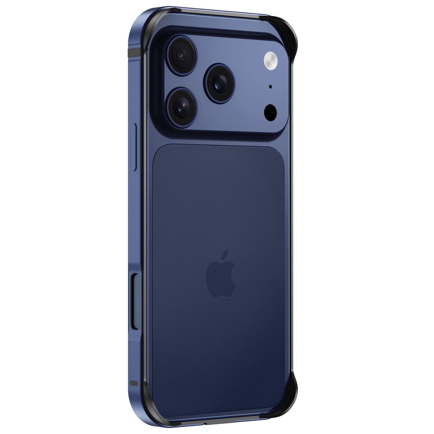 Der arktis iPhone 17 Pro Bumper von arktis ist eine blaue Aluminium TPU-Silikon Hülle, die von der Rückseite mit drei Kameralinsen und Unterstützung für drahtloses Laden gezeigt wird.