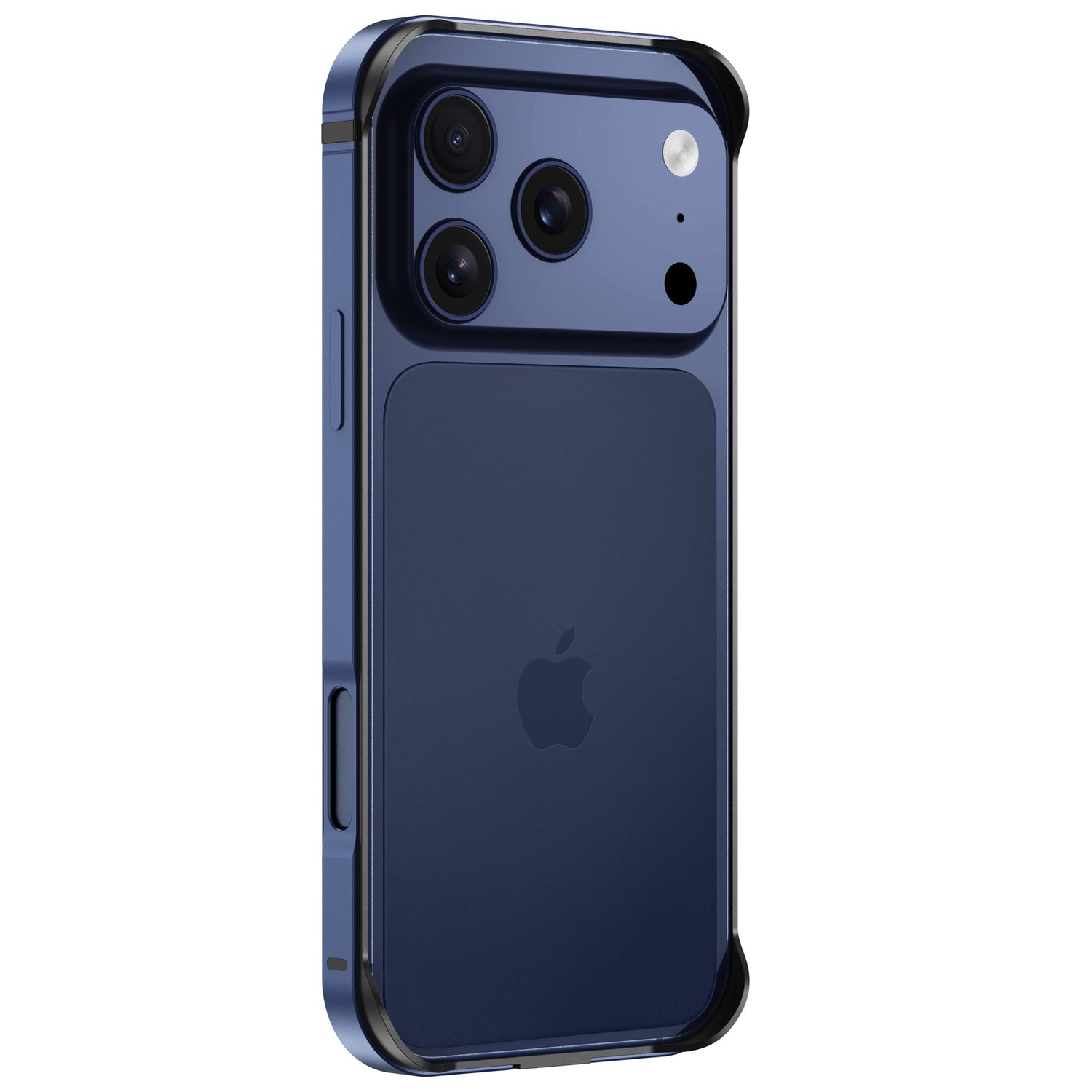 Der arktis iPhone 17 Pro Bumper von arktis ist eine blaue Aluminium TPU-Silikon Hülle, die von der Rückseite mit drei Kameralinsen und Unterstützung für drahtloses Laden gezeigt wird.