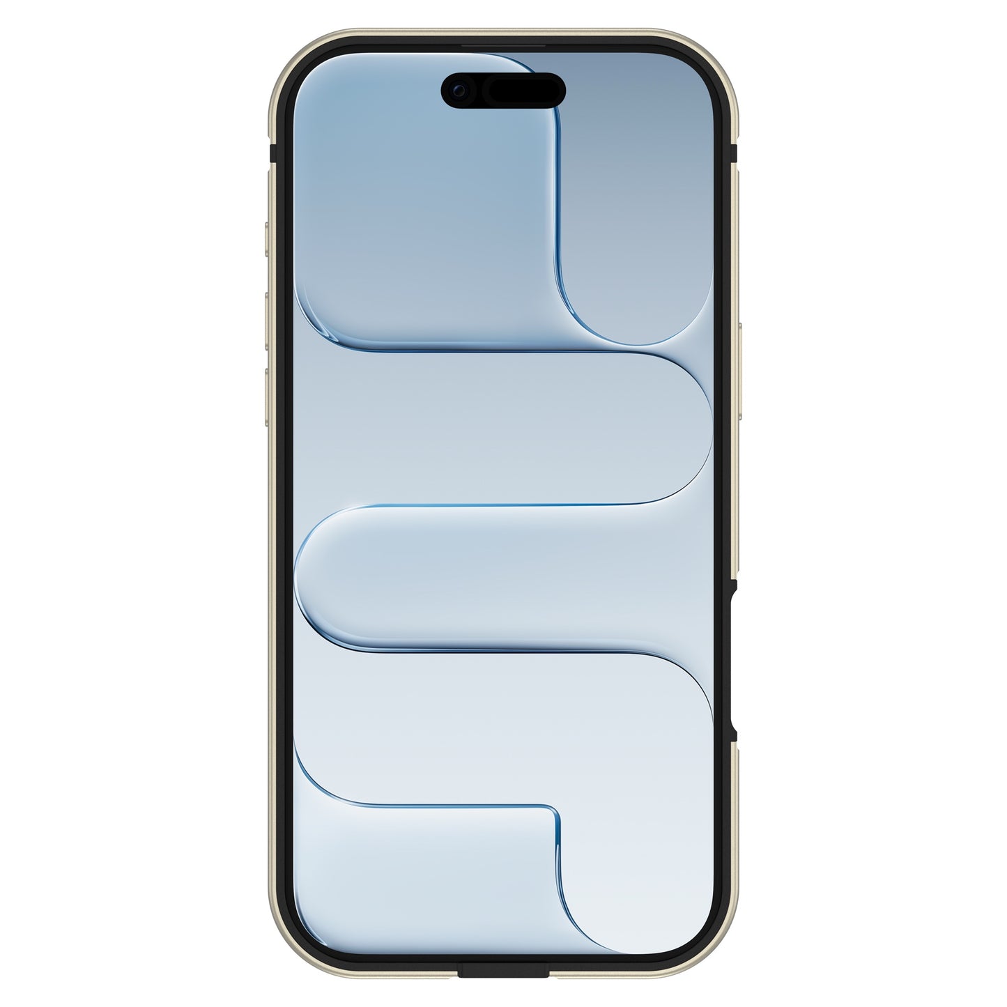 Der arktis iPhone Air Bumper von arktis besteht aus einem ultraleichten Aluminium-TPU-Silikon-Rahmen in Silber, der ein hellblaues, abstraktes, geometrisches Design auf dem Smartphone-Display zeigt.