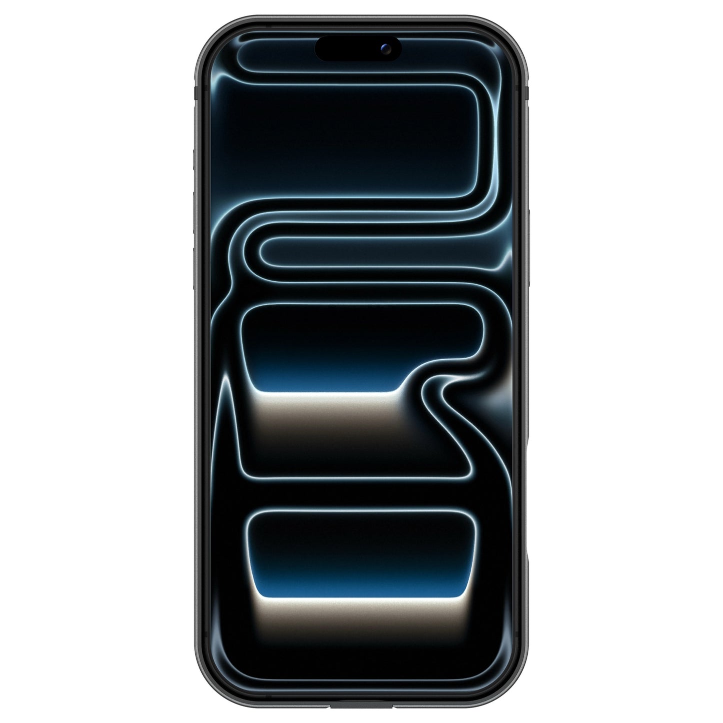 Ein Smartphone mit dunklem Bildschirm, auf dem blaue und weiße Neonlinien zu sehen sind, wird durch den arktis iPhone 17 Pro Bumper von arktis ultraleicht und stoßabsorbierend geschützt.