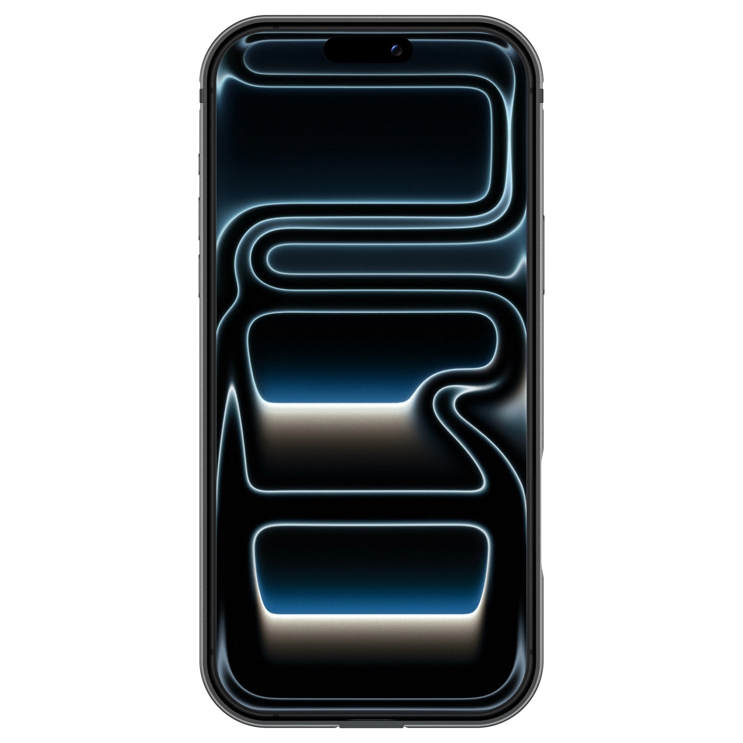 Ein Smartphone mit dunklem Bildschirm, auf dem blaue und weiße Neonlinien zu sehen sind, wird durch den arktis iPhone 17 Pro Bumper von arktis ultraleicht und stoßabsorbierend geschützt.