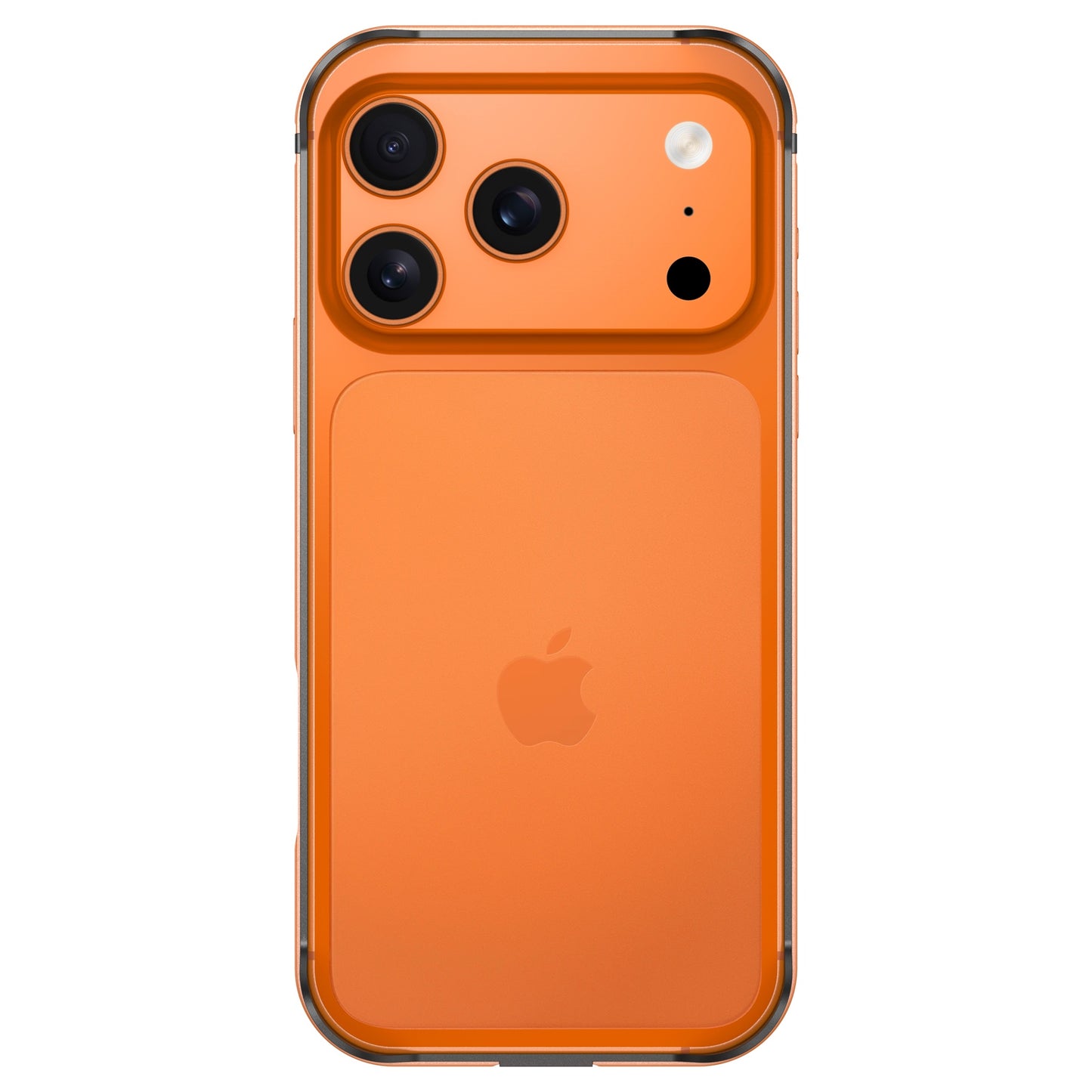 Das orangefarbene iPhone 17 Pro mit drei rückwärtigen Kameras und Apple-Logo wird von der Rückseite vor einem weißen Hintergrund gezeigt, geschützt durch den arktis iPhone 17 Pro Bumper von arktis für stilvollen, langlebigen Aluminium-TPU-Silikon-Schutz.