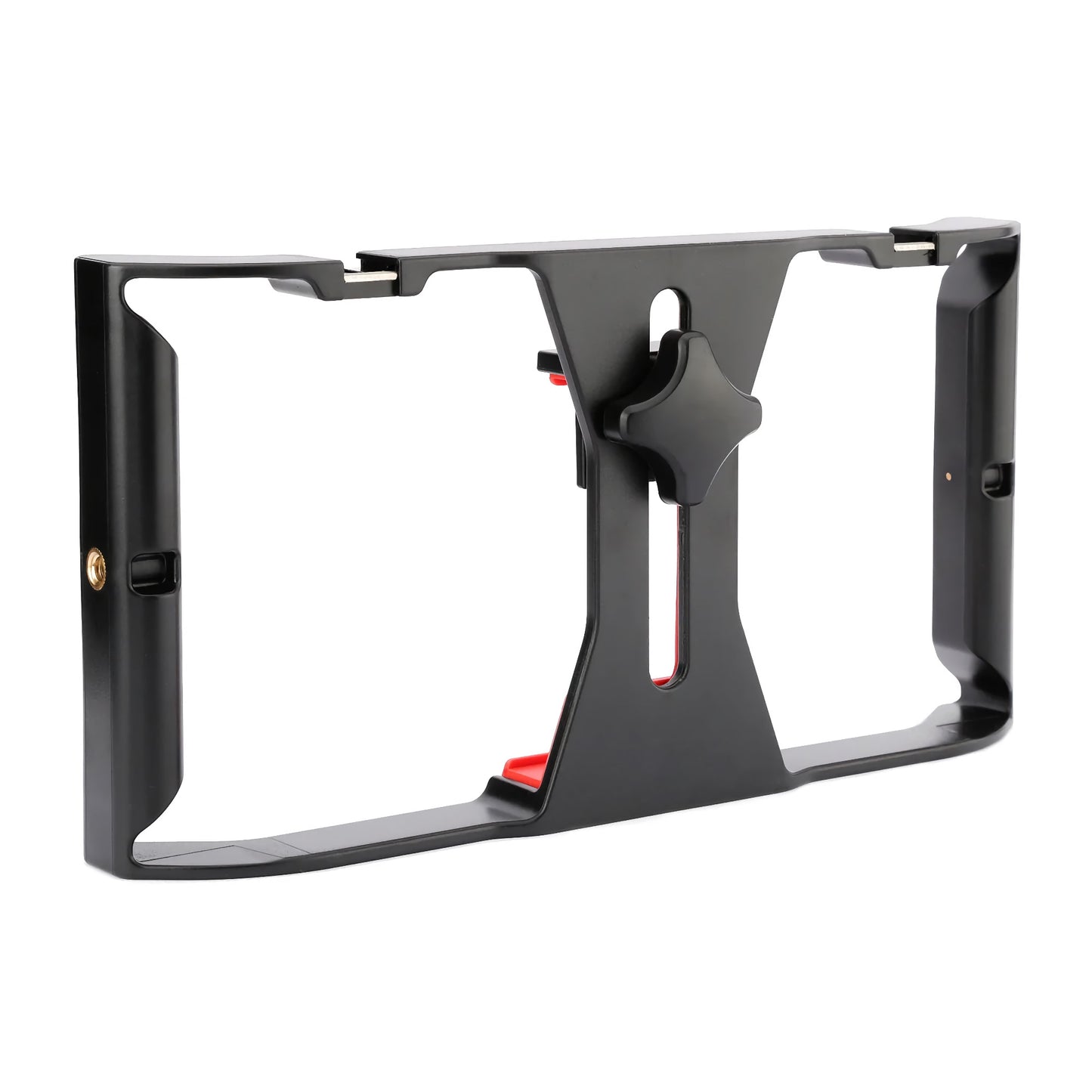 Der Arktis Smartphone Pro RIG Stabilisator verfügt über einen schwarzen, verstellbaren Halterahmen mit einem zentralen Knopf und roten Akzenten – ideal für Filmemacher, die ruhige Aufnahmen vor weißem Hintergrund wünschen.
