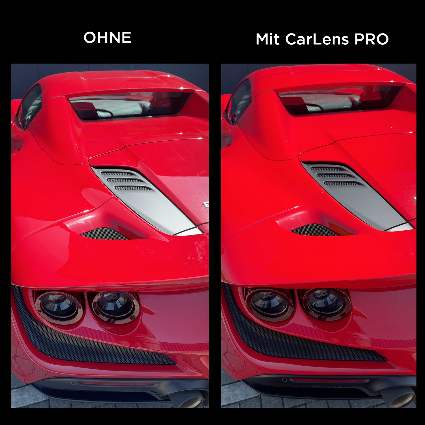 Vergleich des Hecks eines roten Sportwagens: links ohne Wolffilms CarLens PRO Polfilter für Smartphone, rechts mit – die Farben wirken verstärkt. Ideal für Autovideo-Fans, die lebendige Fahrzeugbilder suchen.