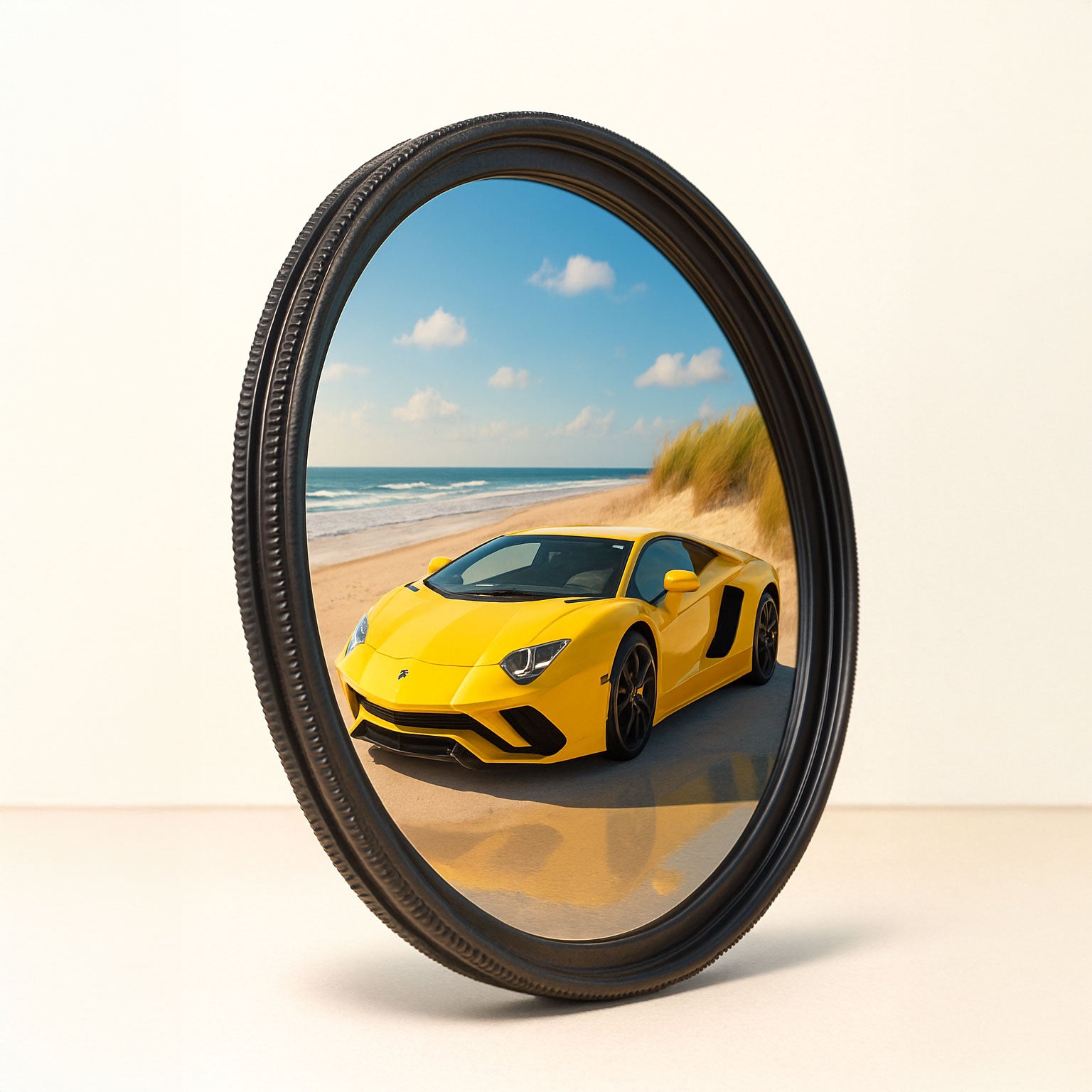 Ein gelber Sportwagen auf einer Strandstraße spiegelt sich in einem runden Spiegel mit einem reifenähnlichen Rahmen.