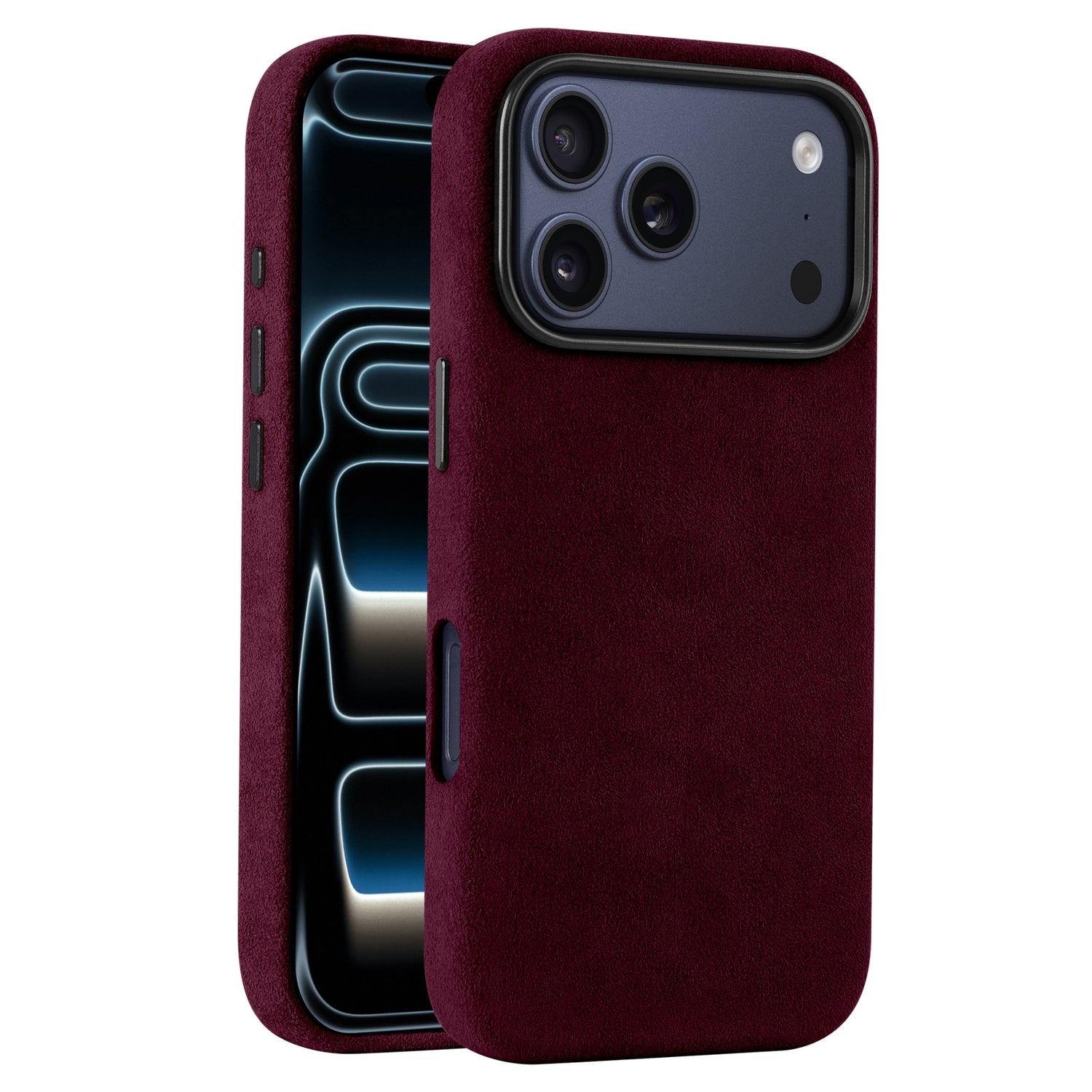 Die arktis iPhone 17 Pro Hülle aus Alcantara in bordeauxfarbenem Veloursleder verfügt über Aussparungen für die Kamera und die seitlichen Tasten und bietet ein hochwertiges Aussehen und Gefühl. Hergestellt in Italien von arktis.