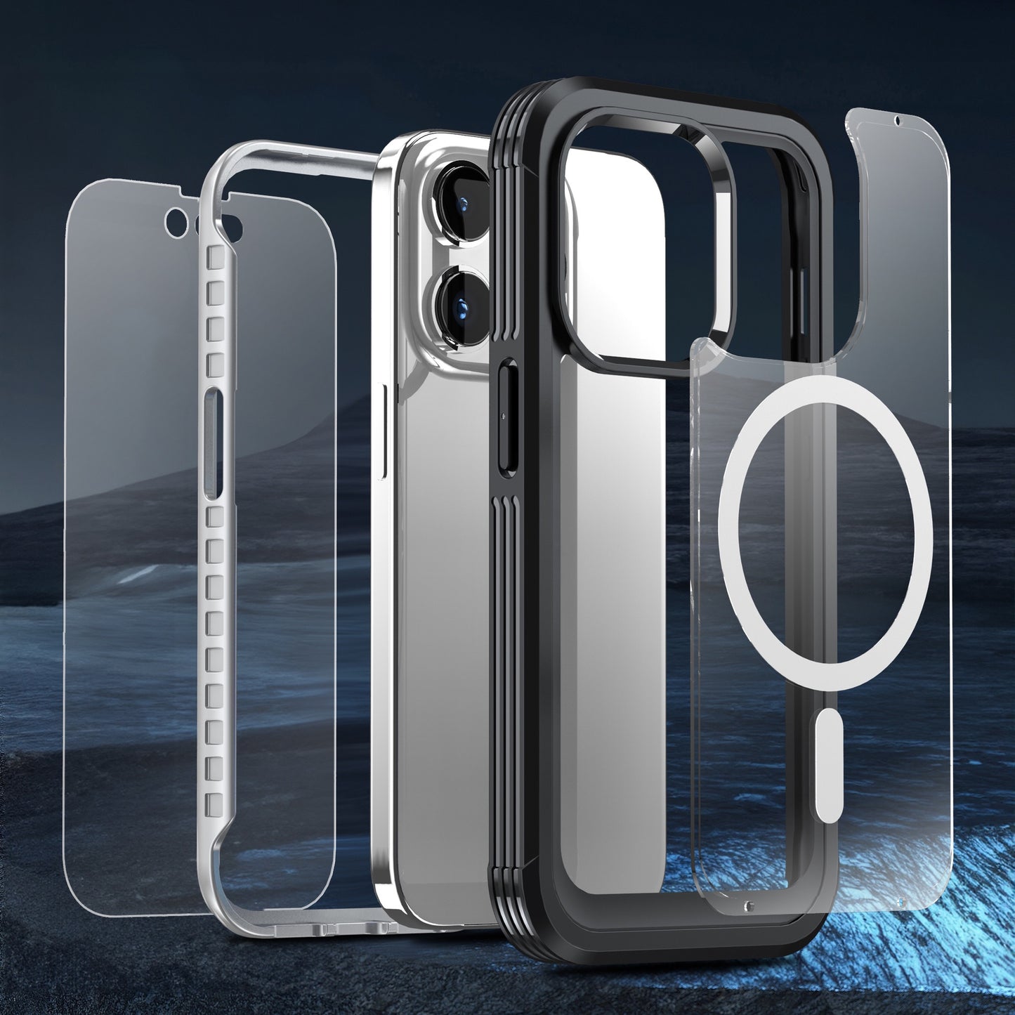 Explosionsansicht des ArktisPRO iPhone 15 360ULTIMATE Case – Schwarz mit klaren und schwarzen Schichten, präzisen Kameraausschnitten, MagSafe-Magneten und 360°-Schutz für ultimative Sicherheit.