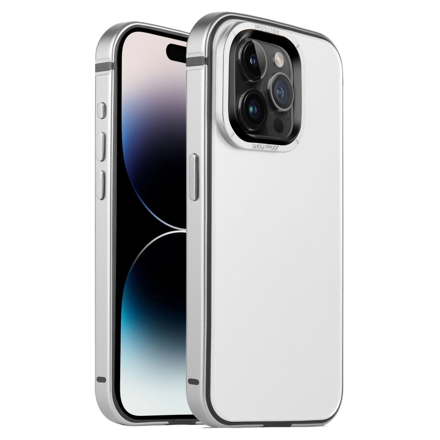 Das Arktis AVANTGARDE iPhone 15 Pro Max Case von Arktis ist in Metallic-Silber und Weiß erhältlich und zeigt seinen Aluminiumrahmen, die Kameraobjektive, die Tasten und den Bildschirm sowohl von vorne als auch von hinten.