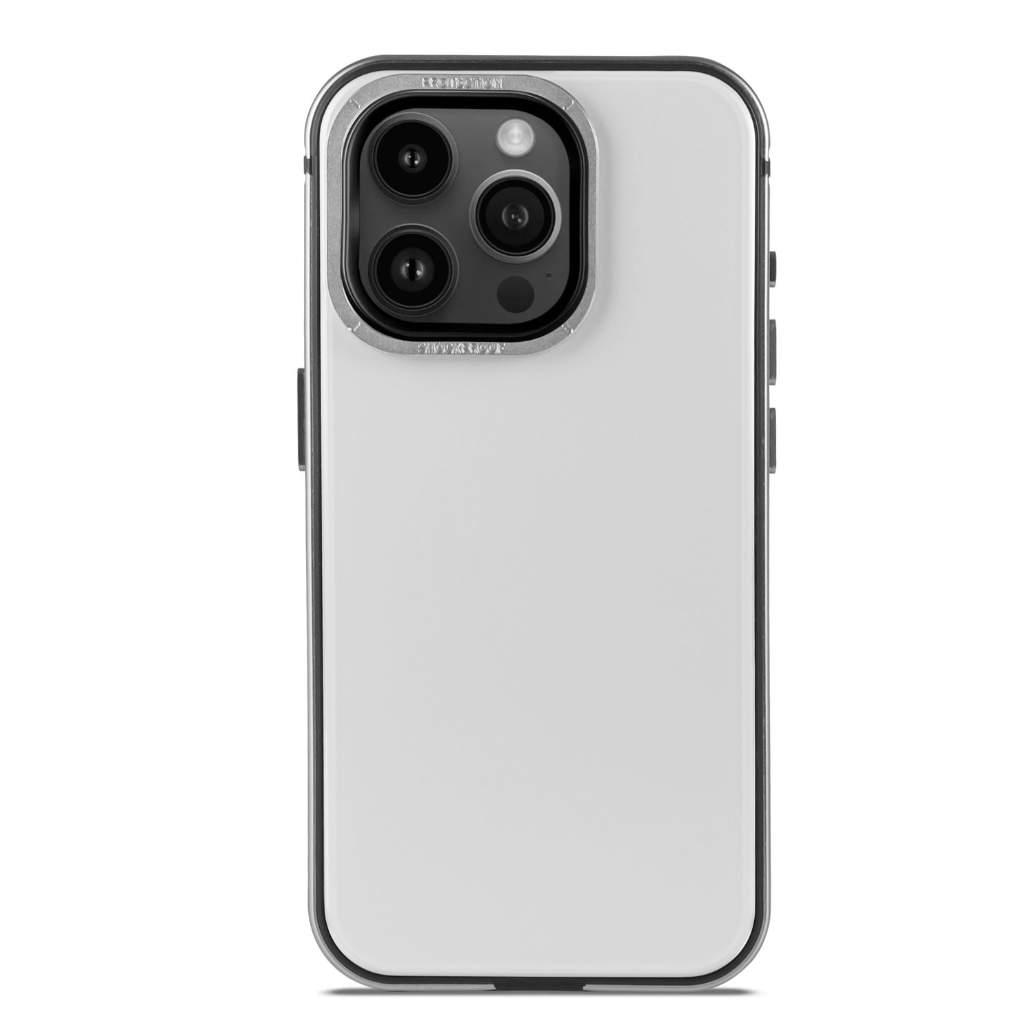 Das Arktis arktis iPhone 15 Pro Case AVANTGARDE verfügt über eine weiße Rückseite, ein klares Schutzdesign mit schwarzen Kanten, eine Anti-Fingerabdruck-Rückplatte, einen Aluminiumrahmen und Aussparungen für drei Rückkameras und einen Blitz – idealer Schutz für Ihr iPhone 15 Pro.