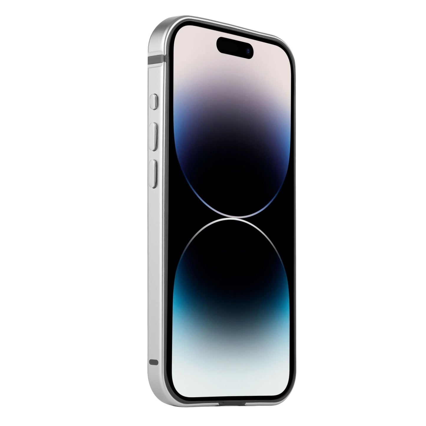 Das Arktis iPhone 15 Pro Max Case AVANTGARDE von Arktis ist ein modernes Case mit Aluminiumrahmen, das von vorne links auf einem Telefon mit einem abstrakten kreisförmigen Farbverlauf in Schwarz, Weiß und Blau gezeigt wird.