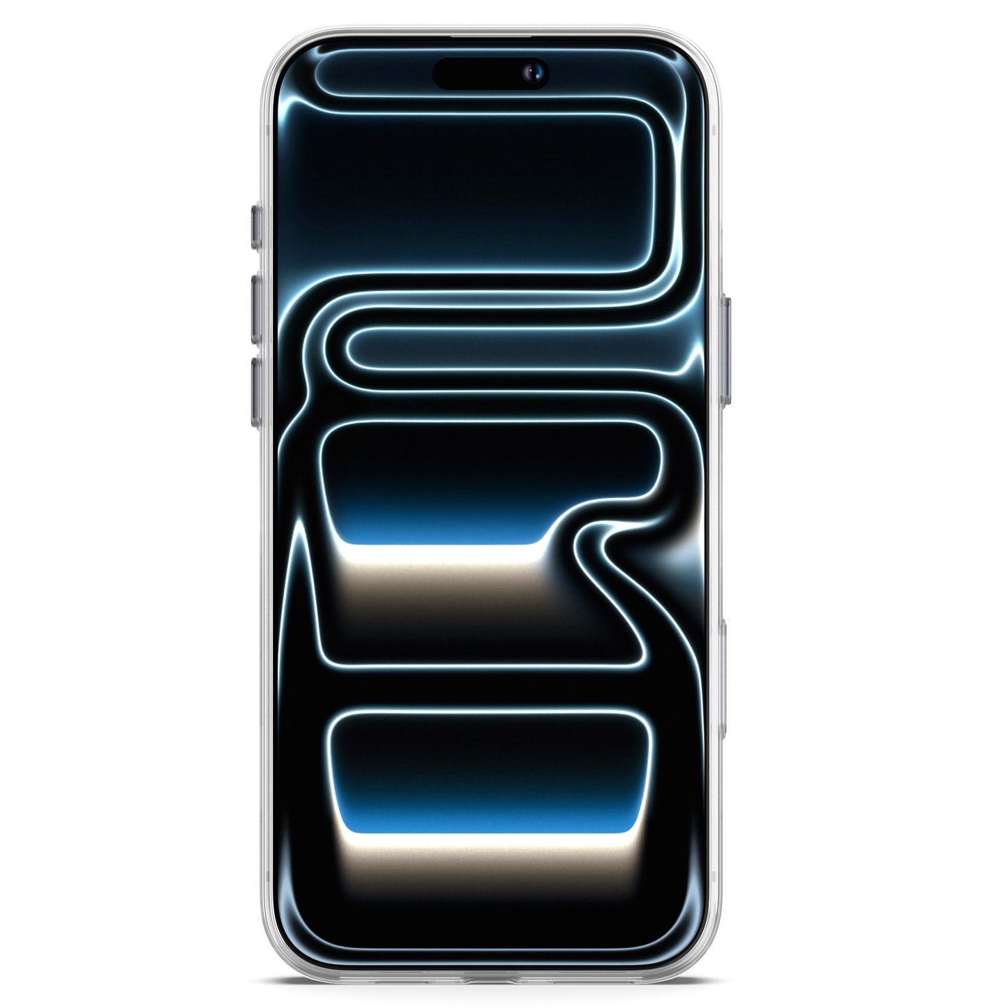 Ein Smartphone mit einem leuchtenden abstrakten blau-schwarzen Muster auf dem Bildschirm, geschützt durch das arktis iPhone 17 Pro Max Clear Case mit MagSafe von arktis.
