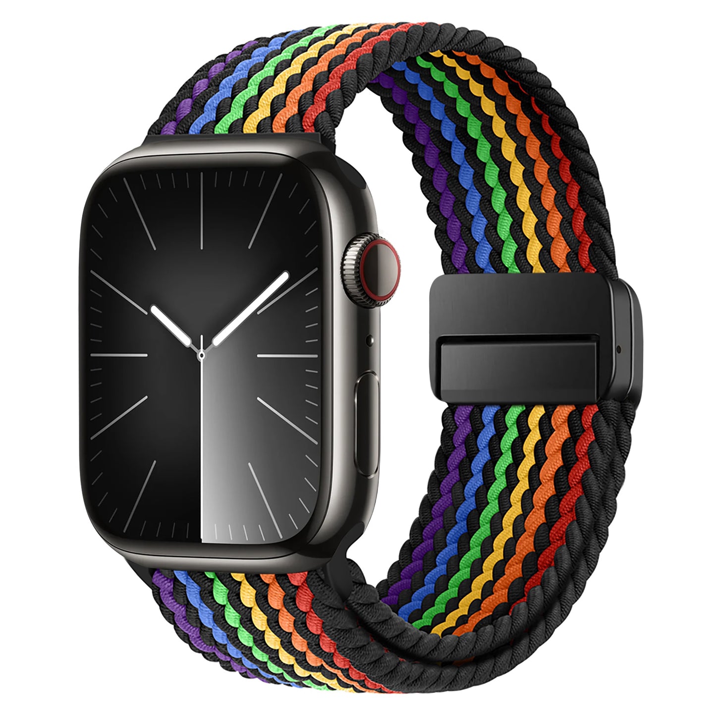 Das arktisband Geflochtene Apple Watch Armband „Casual“ Rainbow Edition verfügt über ein schwarzes rechteckiges Zifferblatt und ein gewebtes Nylonband mit Regenbogenmuster und schwarzen Kanten, das für Komfort und Haltbarkeit aus geflochtenem Polyestergarn gefertigt ist.