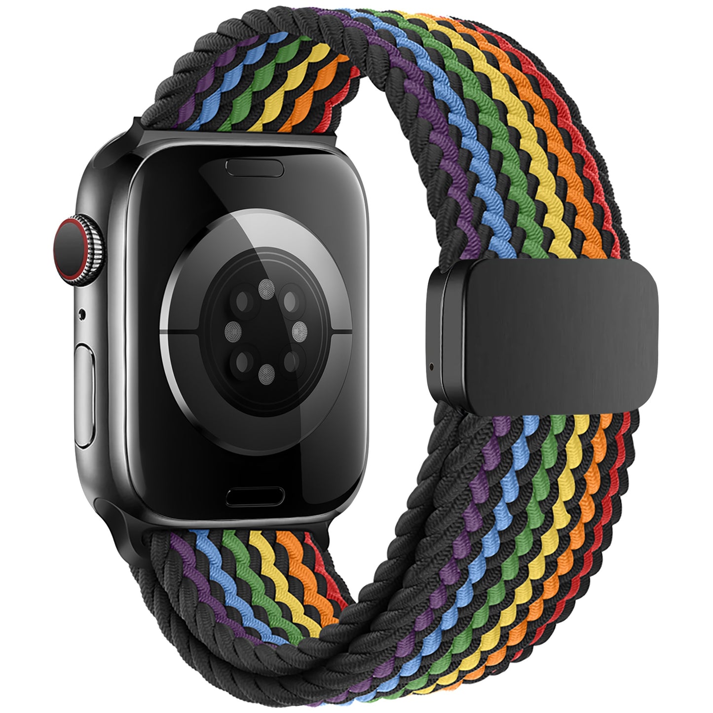 Eine schwarze Smartwatch gepaart mit dem arktisband Geflochtenen Apple Watch Armband "Casual" Rainbow Edition. Das flexible, geflochtene Polyestergarn-Armband schmiegt sich nahtlos an die Uhr an, und die Sensoren der Uhr sind auf der Rückseite sichtbar.