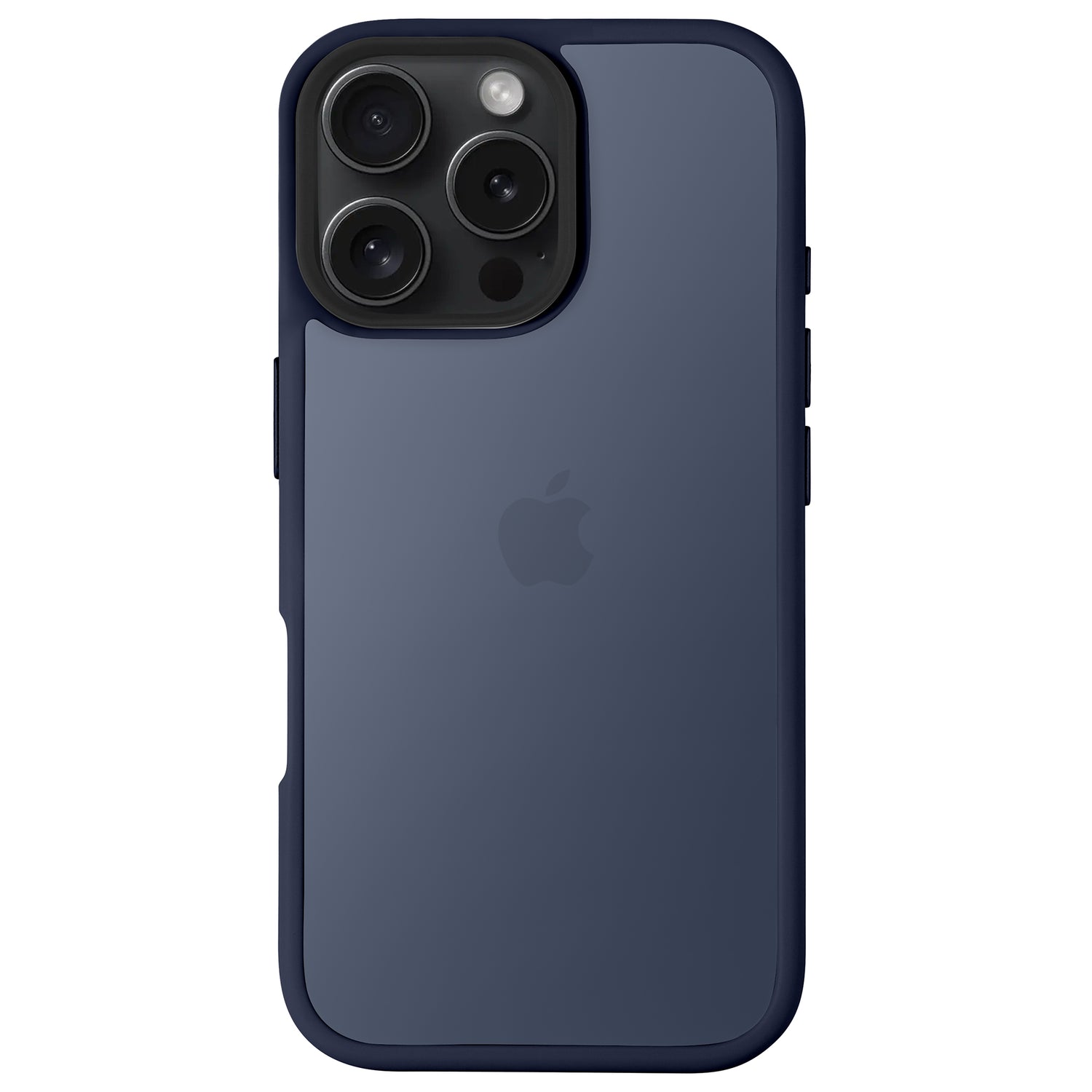Ein marineblaues iPhone mit der Arktis arktis iPhone Air Solid Case, einer matten, stoßdämpfenden Hülle mit Apple-Logo und Dreifachkamera auf der Rückseite.