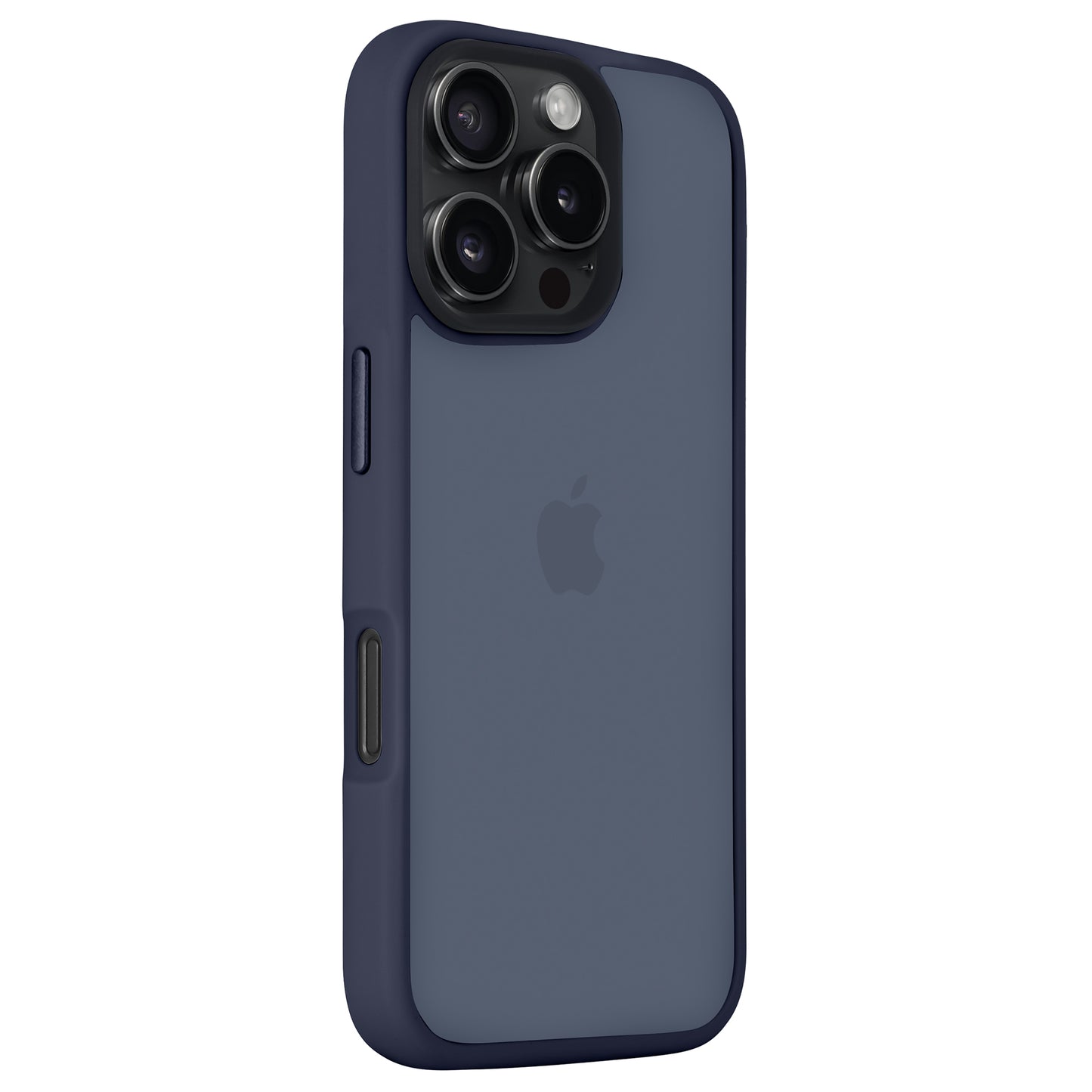 Ein blaues iPhone mit dem Arktis iPhone Air Solid Case von Arktis, mit einem matten, stoßdämpfenden Design, das die hintere Kamera und das Apple-Logo zeigt.