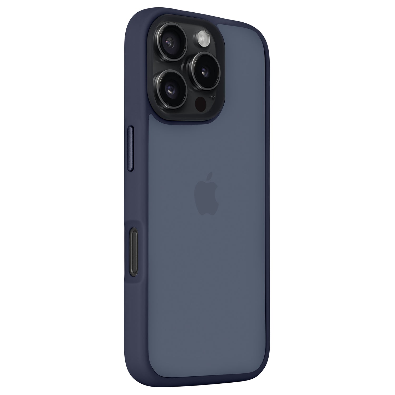 Ein blaues iPhone mit dem Arktis iPhone Air Solid Case von Arktis, mit einem matten, stoßdämpfenden Design, das die hintere Kamera und das Apple-Logo zeigt.