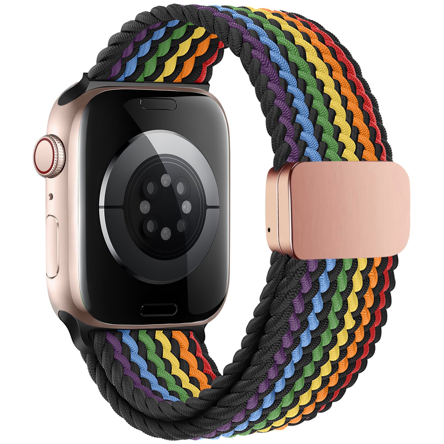 Das arktisband Geflochtene Apple Watch Armband „Casual“ Rainbow Edition verfügt über ein geflochtenes Polyesterband in Regenbogenfarben mit einem goldenen magnetischen Metallverschluss, perfekt als Apple Watch Armband von arktisband.