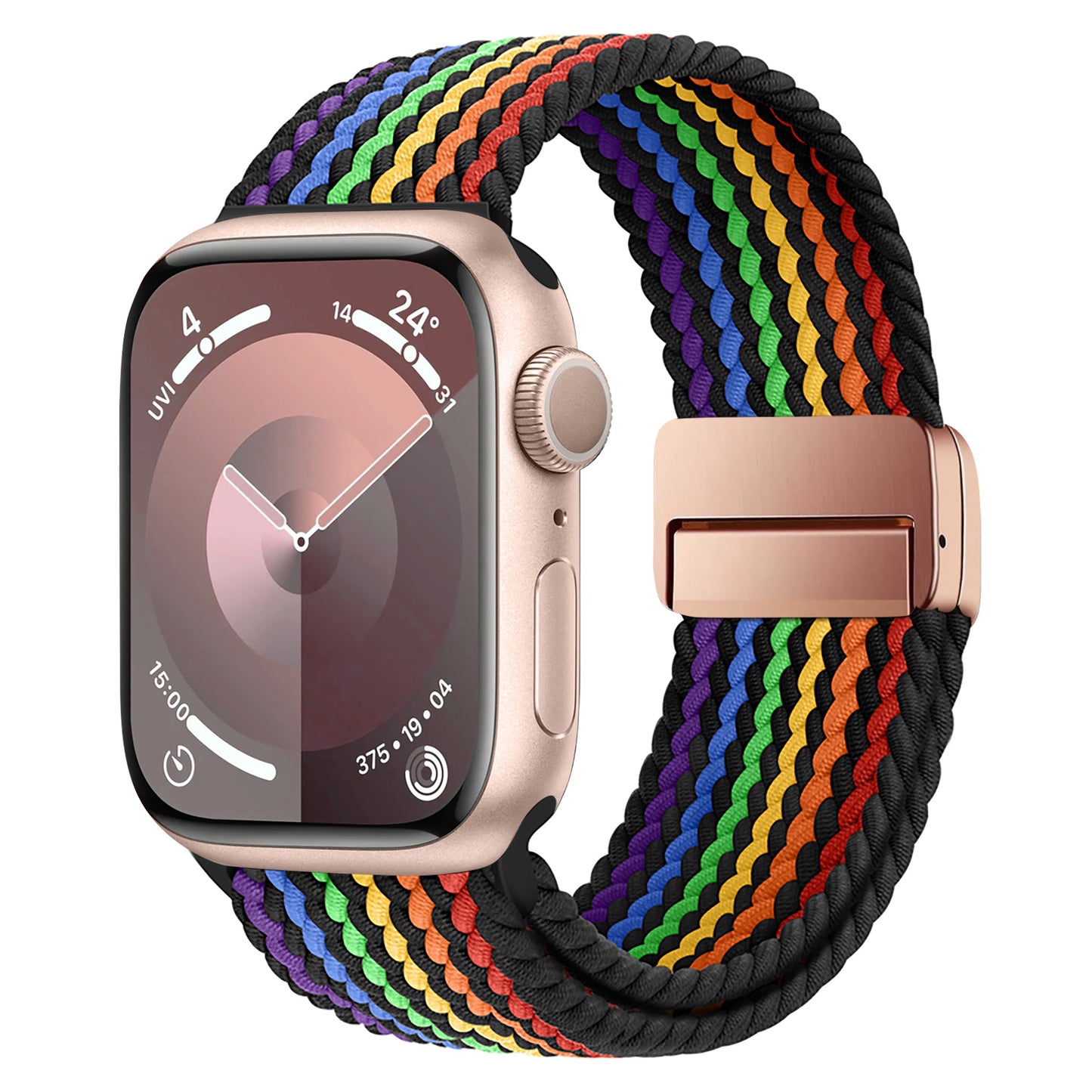 Das arktisband Geflochtene Apple Watch Armband „Casual“ Rainbow Edition besteht aus einem gewebten, mehrfarbigen Band aus Polyestergarn mit magnetischem Metallverschluss, das für das runde Display Ihrer Apple Watch entwickelt wurde.