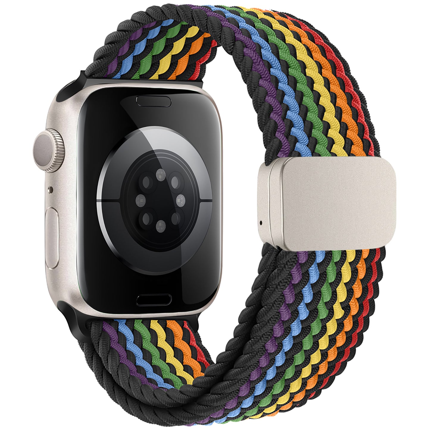 Das geflochtene Apple Watch Armband „Casual“ Rainbow Edition von arktisband besteht aus einem gewebten Polyesterband mit einem lebendigen Regenbogenmuster und ist von hinten zu sehen, wodurch die Sensoren der Apple Watch hervorgehoben werden.