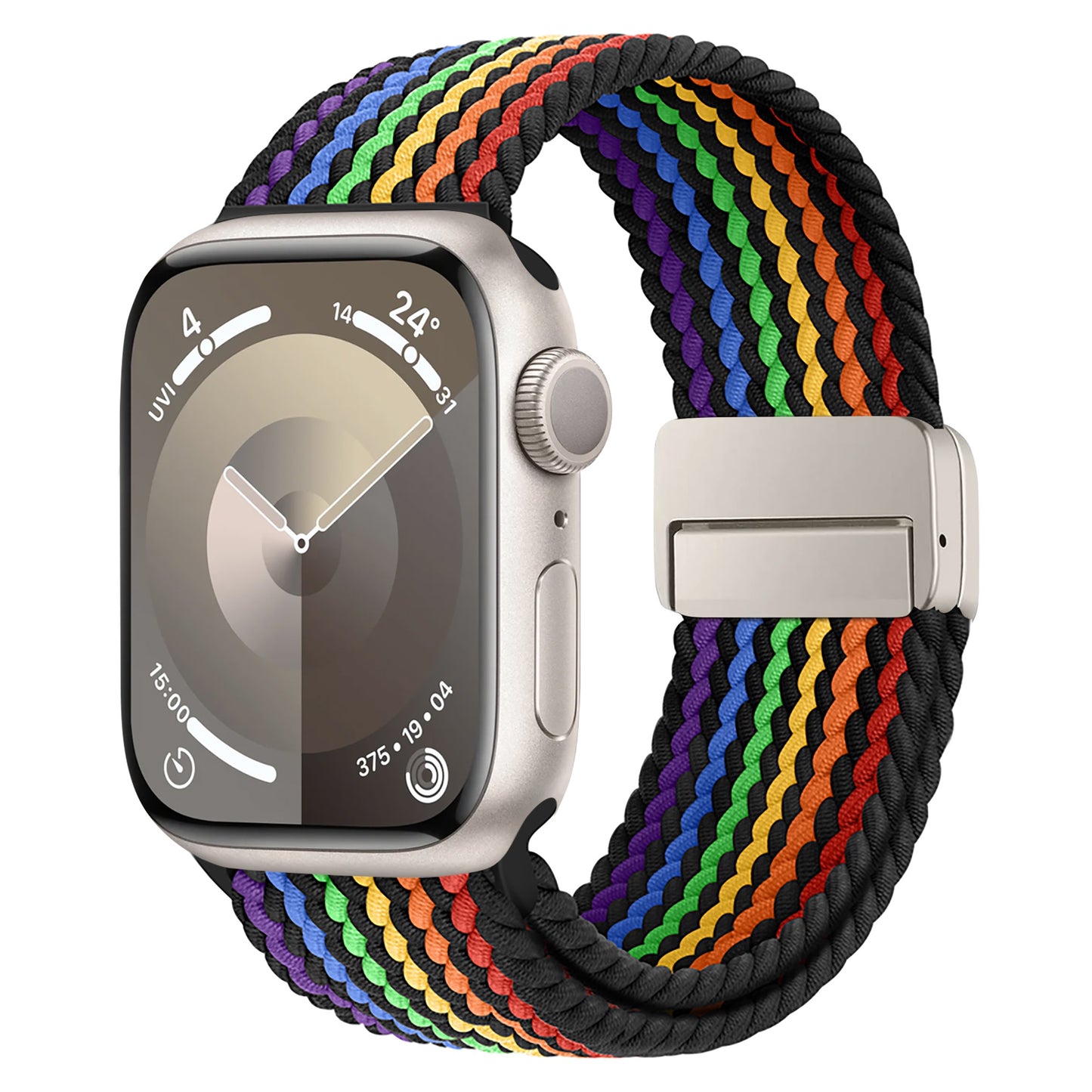 Das arktisband Geflochtene Apple Watch Armband „Casual“ Rainbow Edition verfügt über bunt geflochtenes Polyestergarn mit geschwungenen Streifen und einem sicheren magnetischen Metallverschluss, hier mit einer silbernen Smartwatch mit analogem Zifferblatt.
