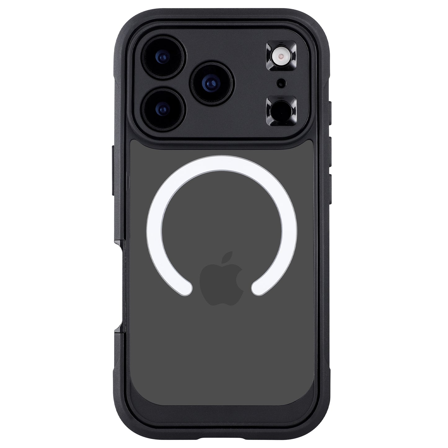 Das arktis iPhone 17 Pro Max Defender Case verfügt über einen MagSafe-Ring, ein Apple-Logo und einen 360-Grad-Schutz, abgebildet auf der Rückseite eines iPhones mit drei Kameralinsen.