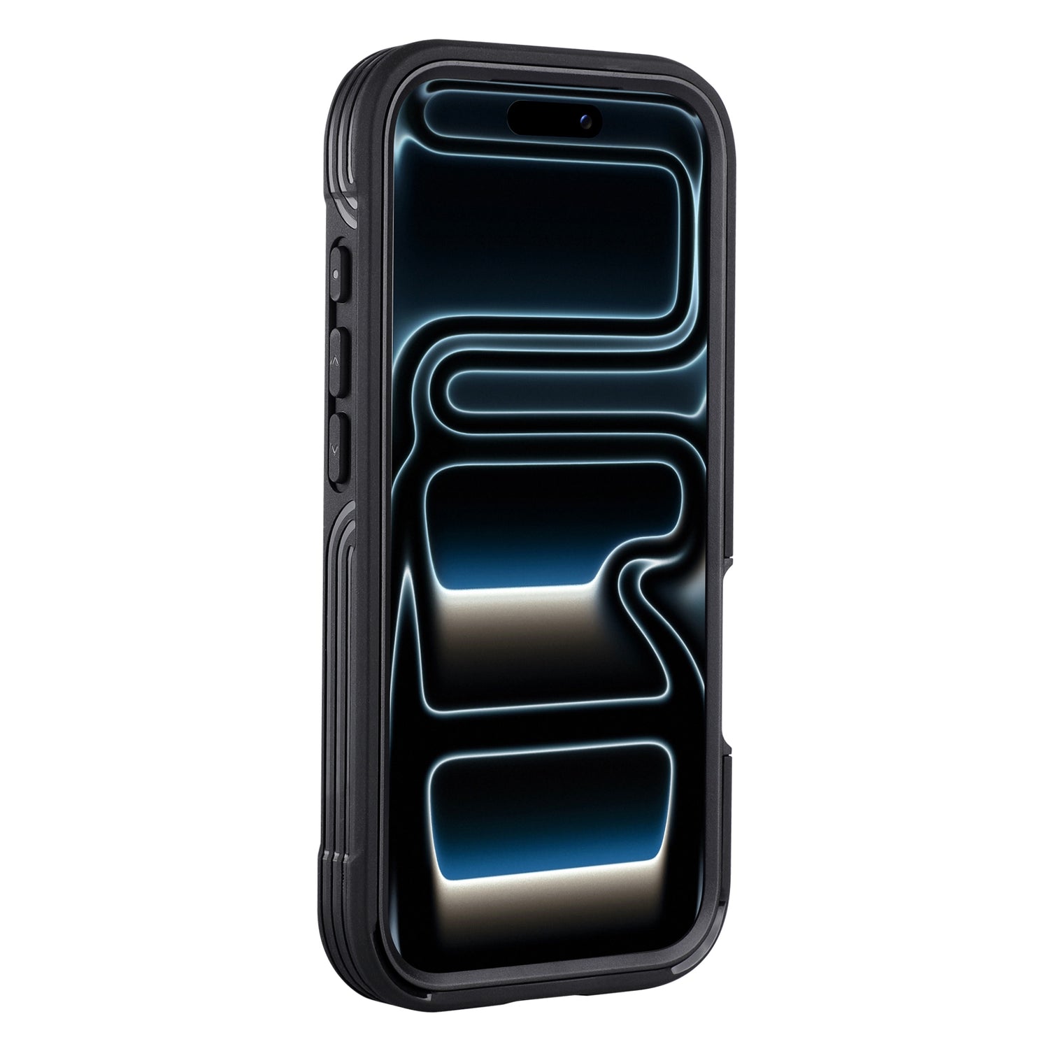 Ein iPhone 17 Pro Max in einem arktis iPhone 17 Pro Max Defender Case (schwarz, 360° Schutz) zeigt ein abstraktes, blau-weiß leuchtendes Muster auf dem Bildschirm.