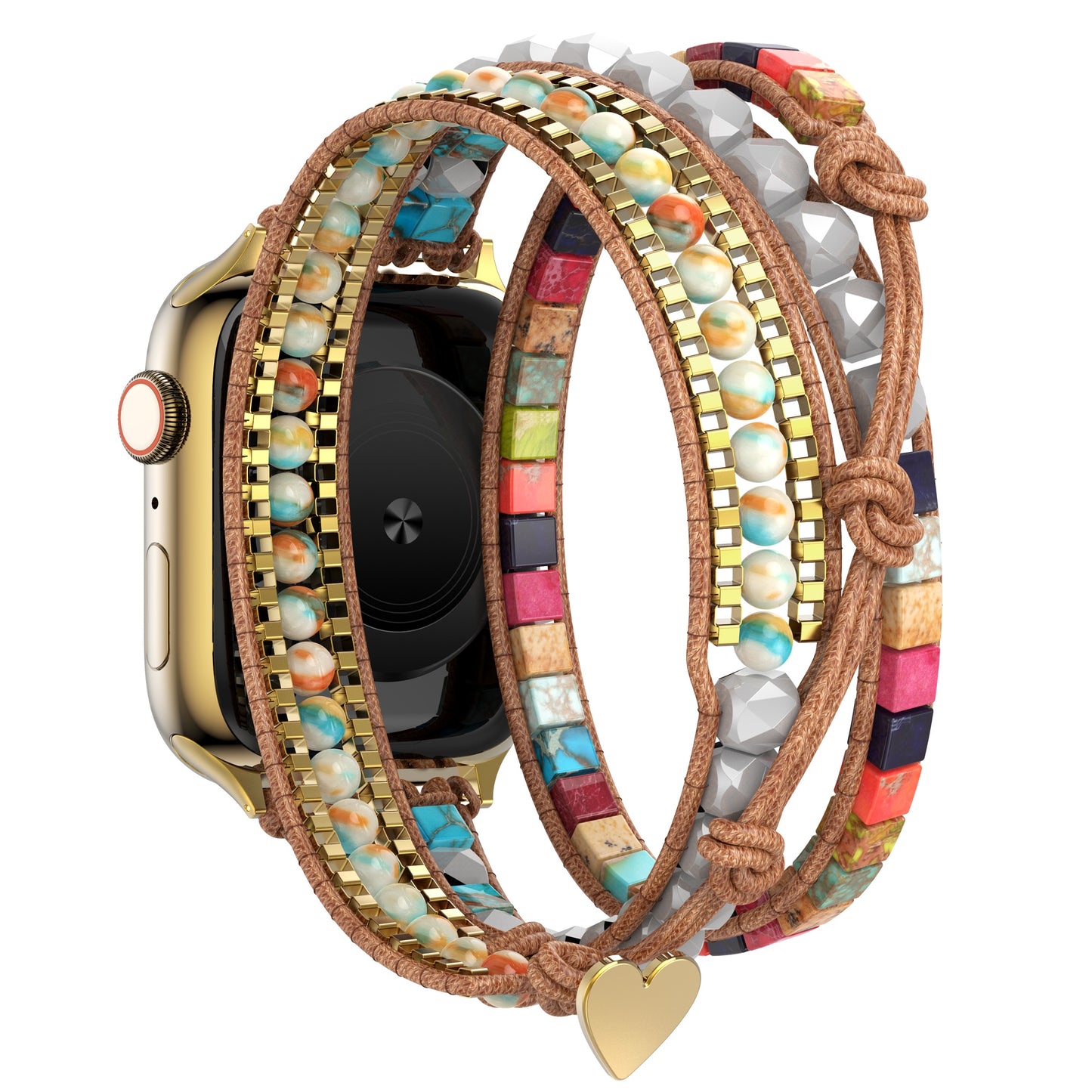 Das arktisband Apple Watch Armband "Dream Catcher" sorgt mit bunten Perlen, Lederbändern, goldenen Akzenten, einem Herzanhänger und einem Edelstahladapter für stilvolles Boho-Flair.