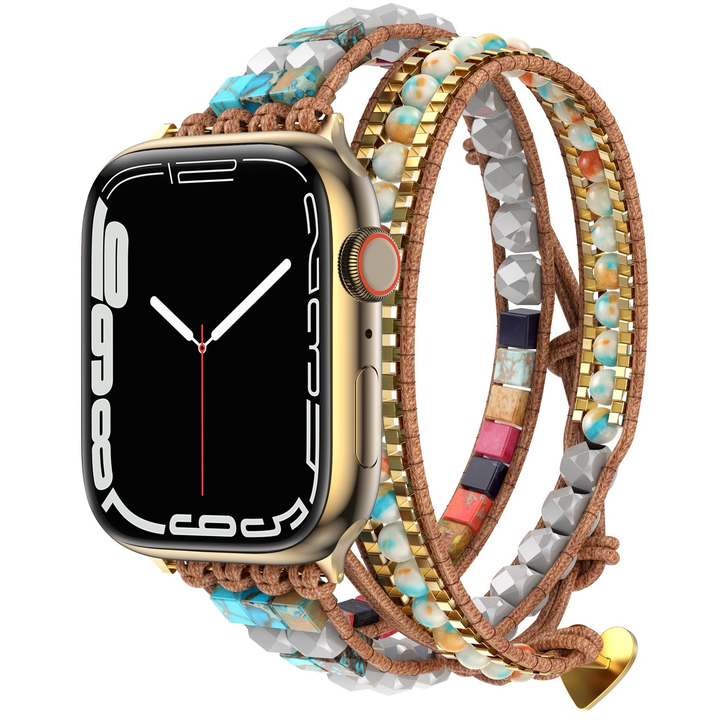 Das arktisband Apple Watch Armband "Dream Catcher" bietet ein goldenes Smartwatch-Band im Boho-Stil mit bunten Perlen, Lederdetails und Edelstahladapter - ideal als stylisches Accessoire von arktisband.