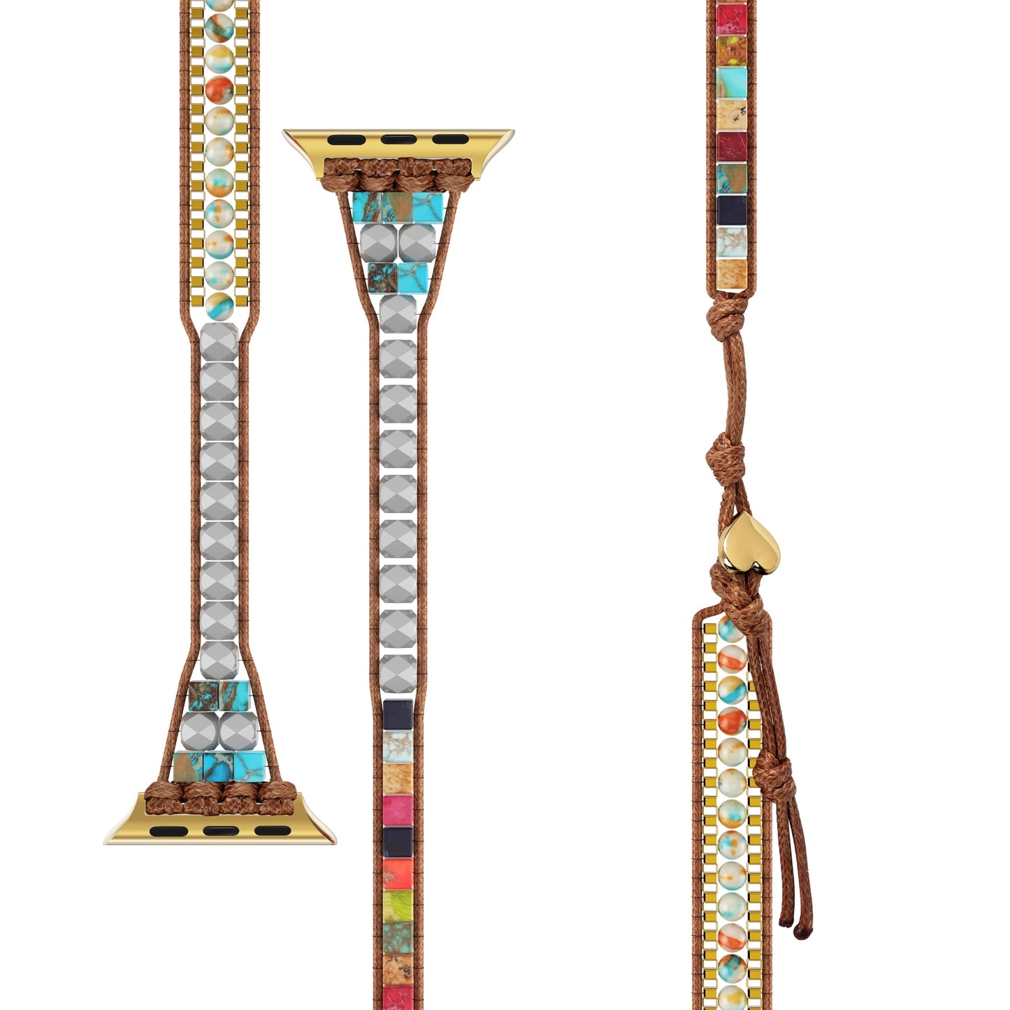 Das arktisband "Dream Catcher" Apple Watch Armband zeigt bunte Perlen, Edelsteine, braune Kordel, goldene Hardware und Edelstahladapter aus verschiedenen Blickwinkeln.