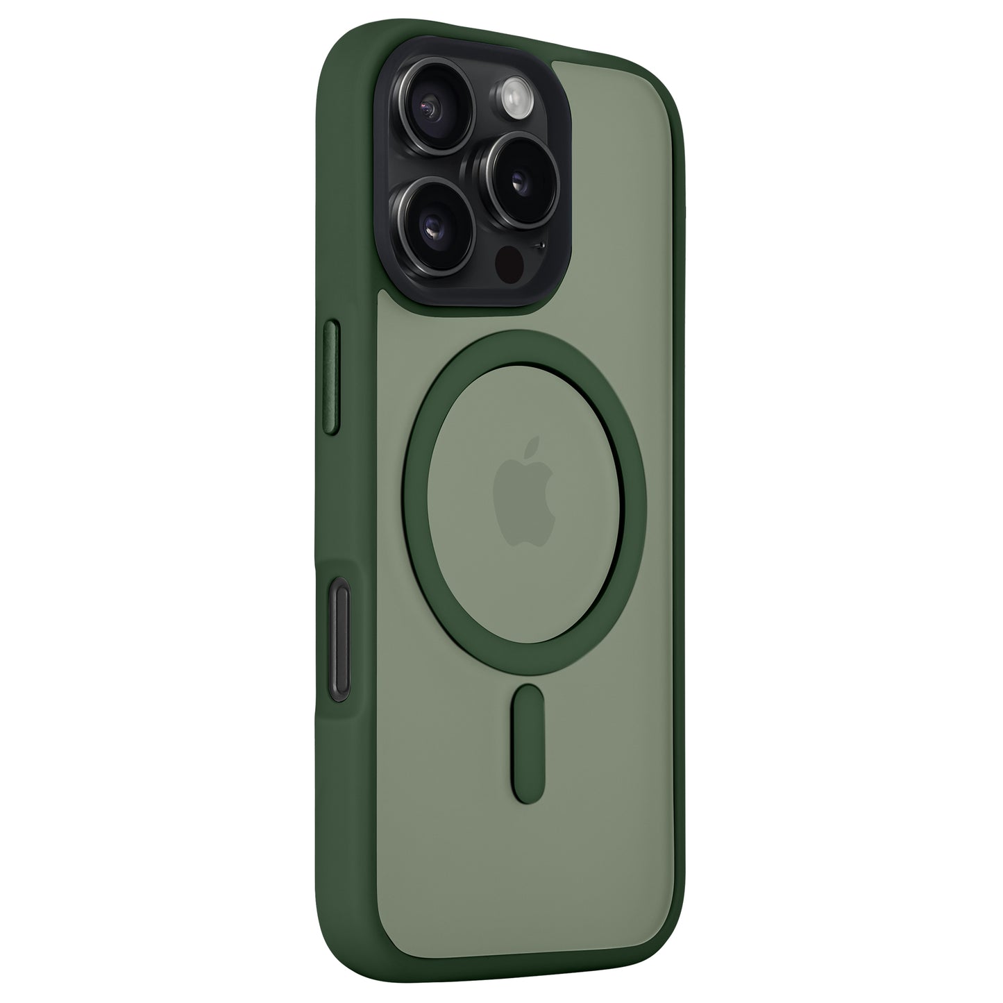Das Arktis iPhone 16 Pro Max Solid Case besticht durch sein mattgrünes Design mit MagSafe-Ring und Apple-Logo, bietet Platz für die Dreifachkamera und optimalen Schutz durch stoßdämpfendes TPU-Silikon. Marke: Arktis.